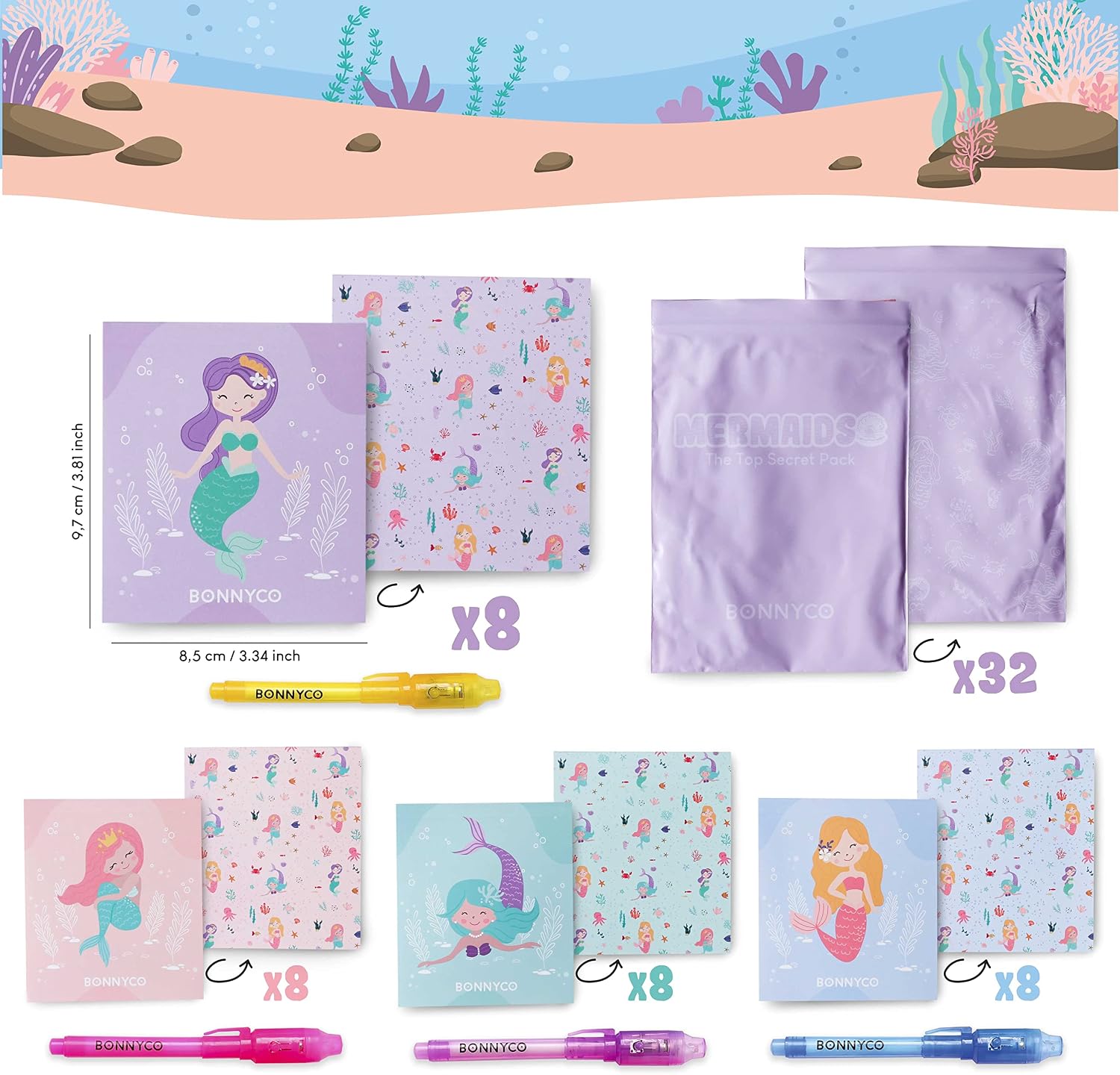 BONNYCO Invisible Ink Pen and Notebook Pack of 32 Mermaid Party Favors for Kids | Spy Pen Mermaid Party Supplies, Prizes for Kids | Magic Pen Birthday Party Favors, Prizes for Students