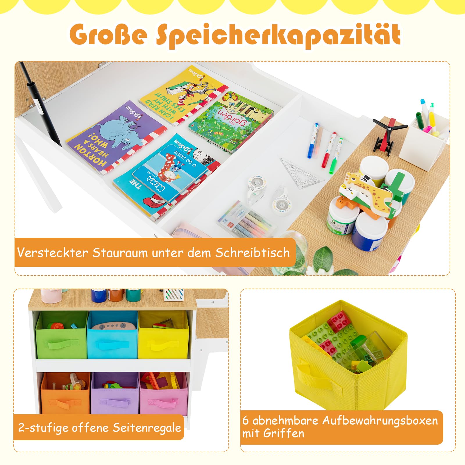 GOPLUS Kinderkunsttisch mit 2 Stuhl & seitliche offene Regal, Kindermöbel Set mit Stauraum & Maltisch, Kindersitzgruppe für Zeichnen & Schreiben, für Kinderzimmer Spielzimmer Kindergarten (Natur)