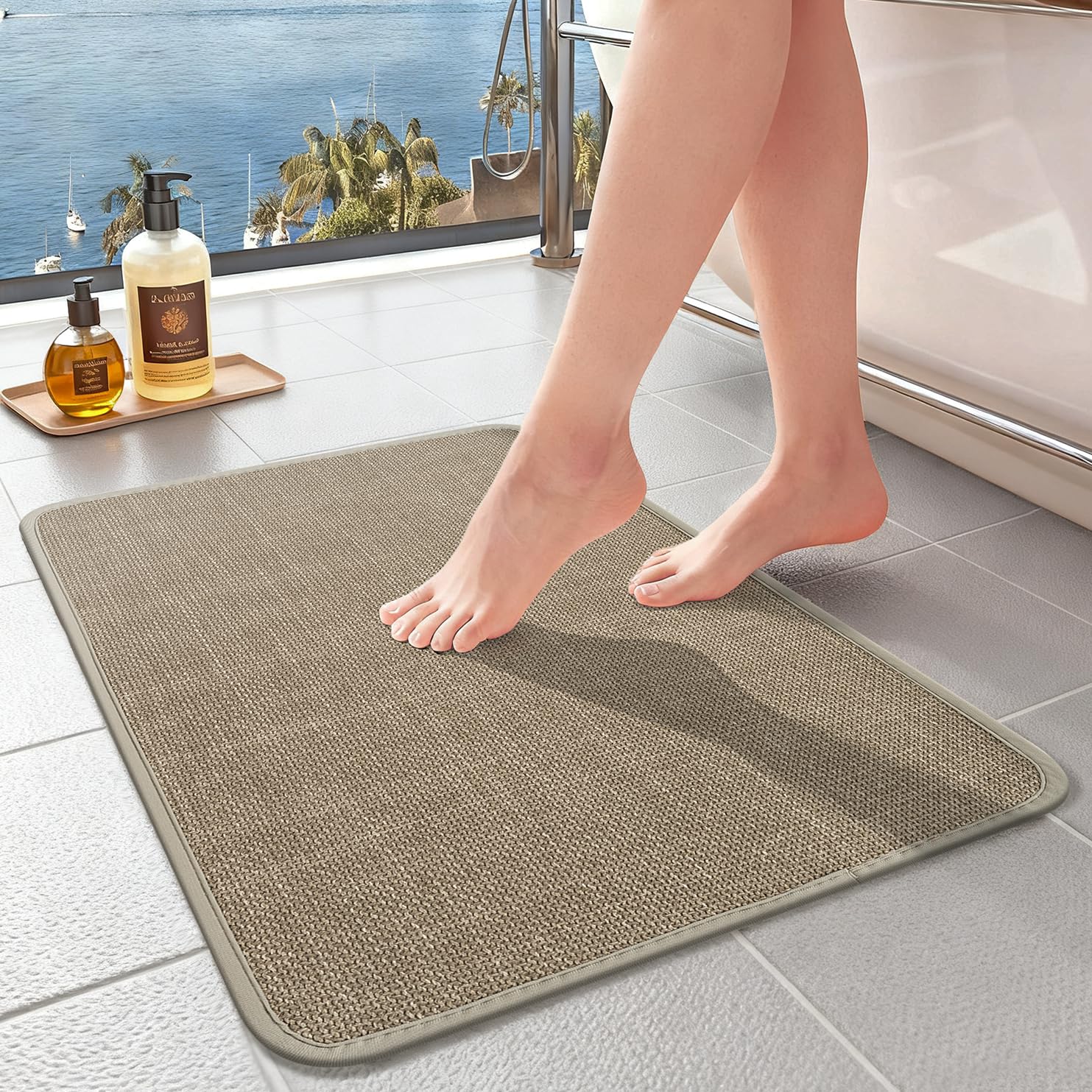 SOLIC Bath Mat,Super Absorbent Non Slip Ultra Thin Bath Mat, Quick Dry Rubber Backing Bath Mats,Braided Absorbent Bathroom Mat,Low-pile Shower mat fit Under Door Bathroom Bathtub (Beige, 43x80cm)