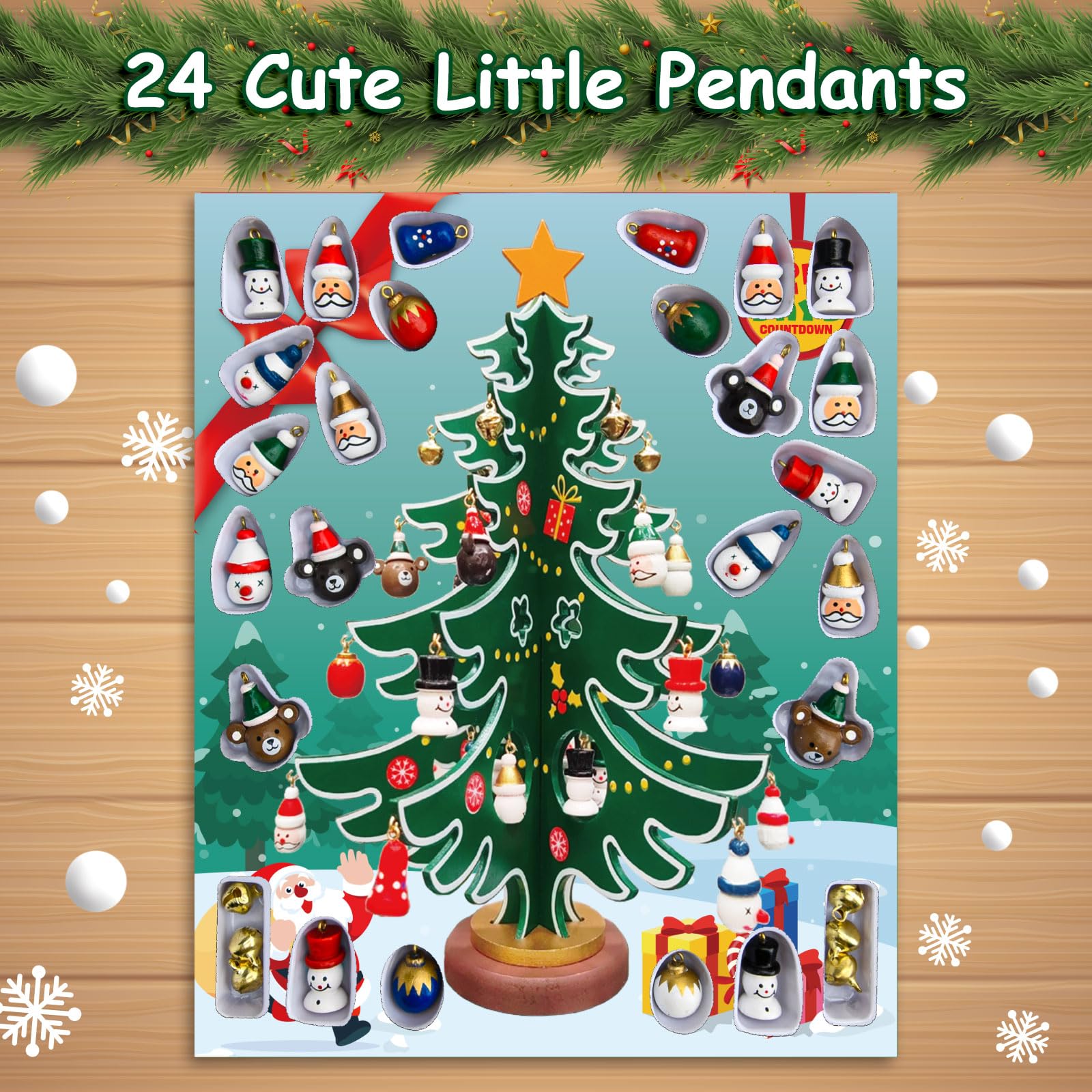 FFZZKJ Advent Calendar 2025 Kids with Lights 24 Days Countdown Wooden Christmas Tree with 30 Ornaments for Christmas Table Decoration Christmas Decorations - Image 2