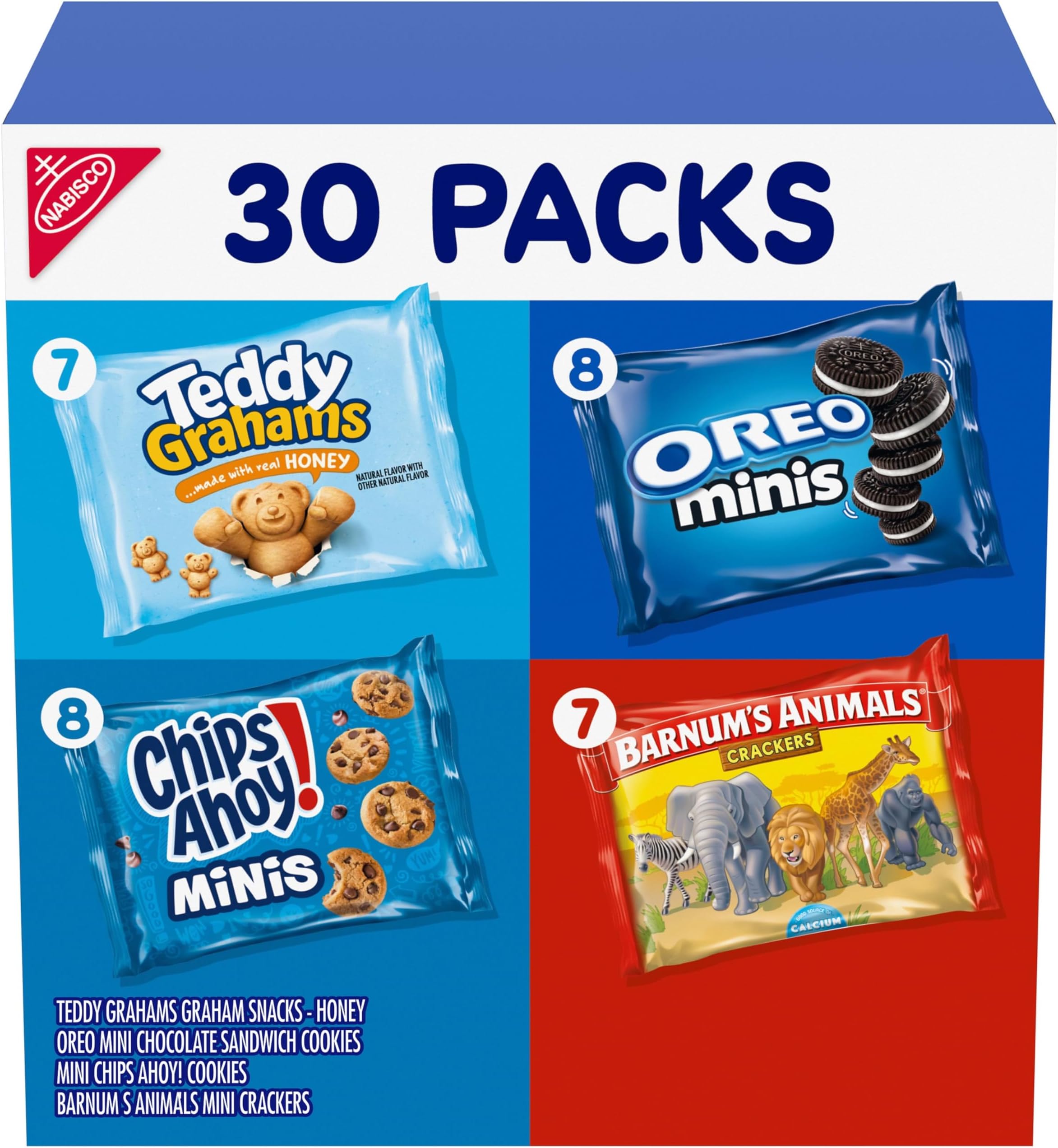 Nabisco Team Favorites Variety Pack, OREO Mini, CHIPS AHOY Mini, Teddy Grahams Honey & Barnum's Animal Crackers, 30 Snack Packs