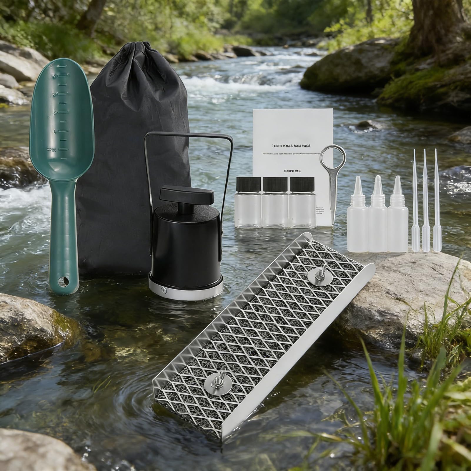 Attrezzatura mineraria d'oro, Kit portatile Sluice Box, Strumento minerario all'aperto con raccolta fiala, Attrezzatura mineraria in metallo resistente, Stile di esplorazione avventura, Flusso del