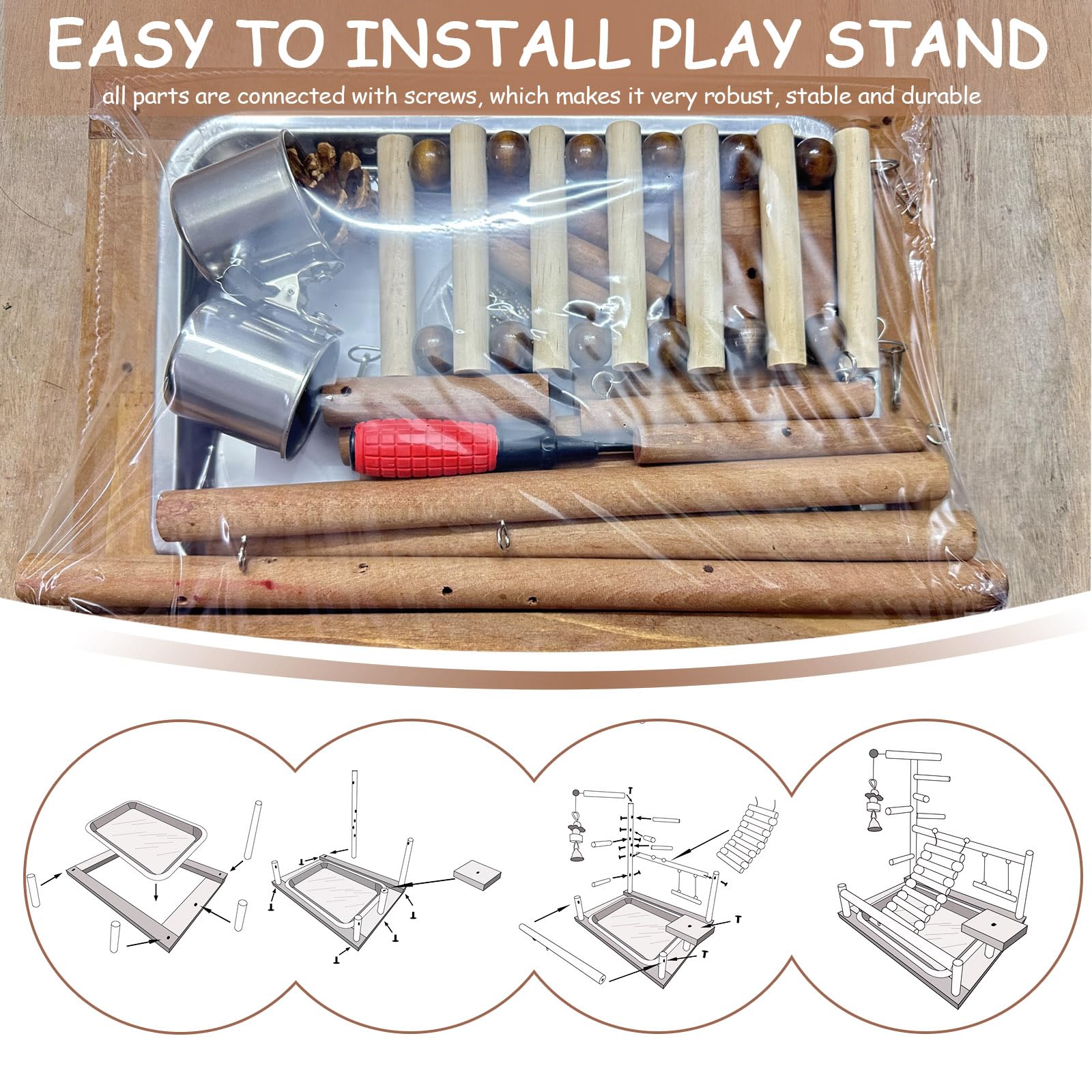 Aves Juego Stand - Bird Playground Puesto de Madera para Loros Aves Stand con Percha Escalera Columpio Comedero Bandeja y Juguetes de Gimnasio de Ejercicios para Pájaros Pequeños y Medianos