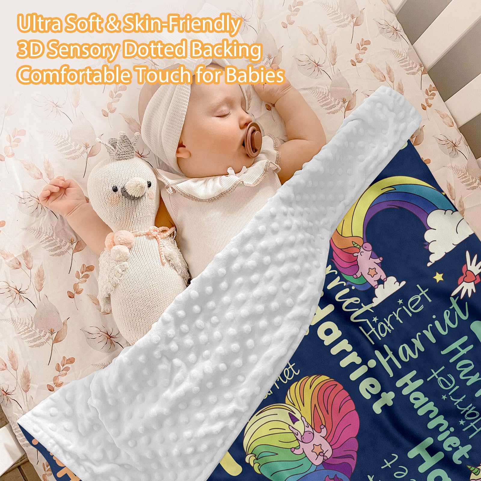 Individuelles Babybett-Bettwäsche-Set, 5-teilig, Regenbogen-Designs, personalisierte Namensdecke mit gepunkteter Rückseite, Kinderbettlaken, Wickelunterlage, Kissenbezug, Teppich für Neugeborene, Blau