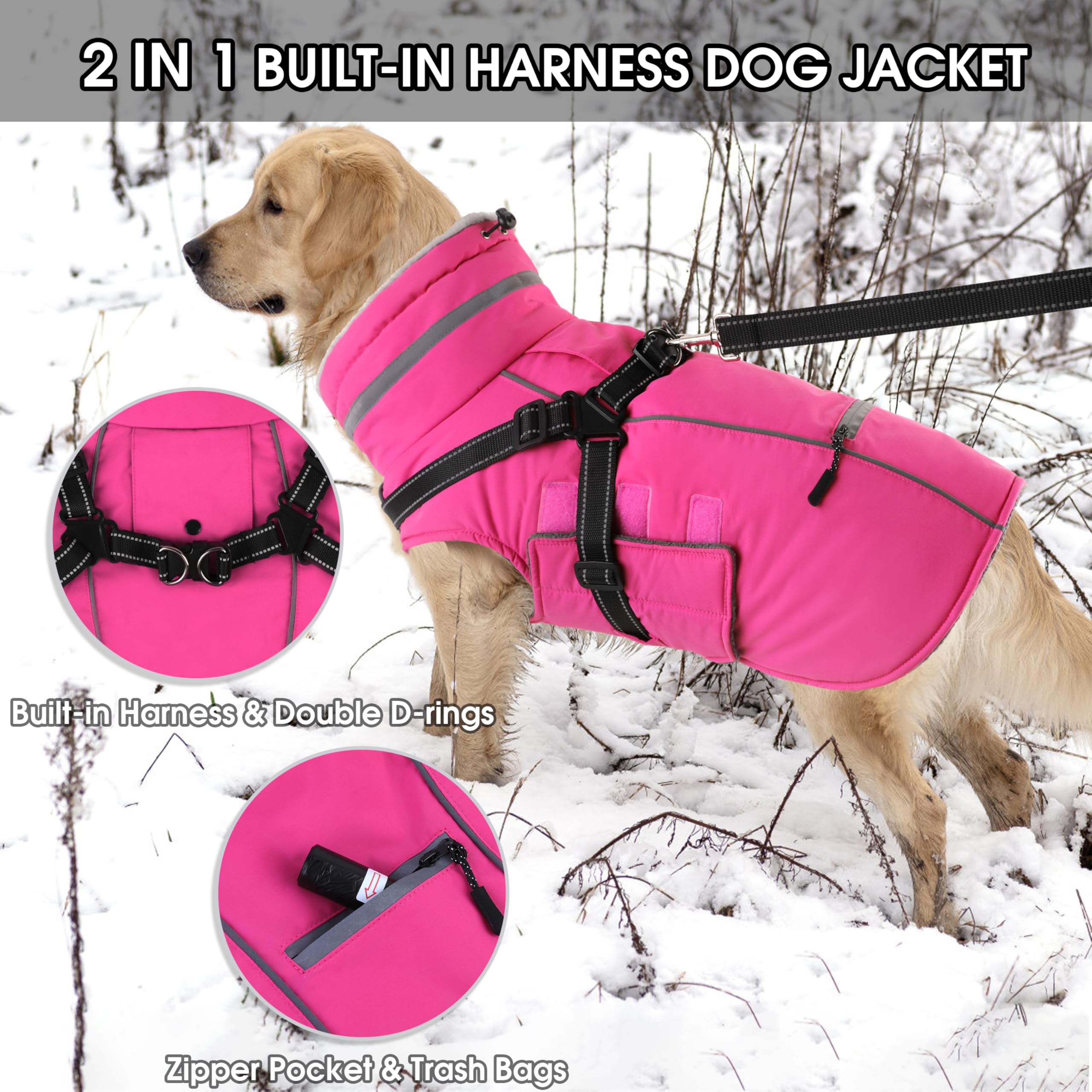 PETDSH - Chaqueta mediana para perro, arnés integrado con forro polar cálido, chaqueta reflectante impermeable para perro, abrigos para mascotas con bolsillo y bolsas de basura (rosa, M)