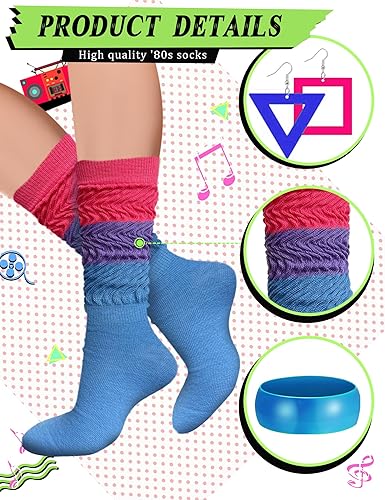 Miniatura 6 de 9 piezas de accesorios de los años 80 para mujer, calcetines de neón holgados para mujer con pulsera de neón de los años 80 y 90, aretes