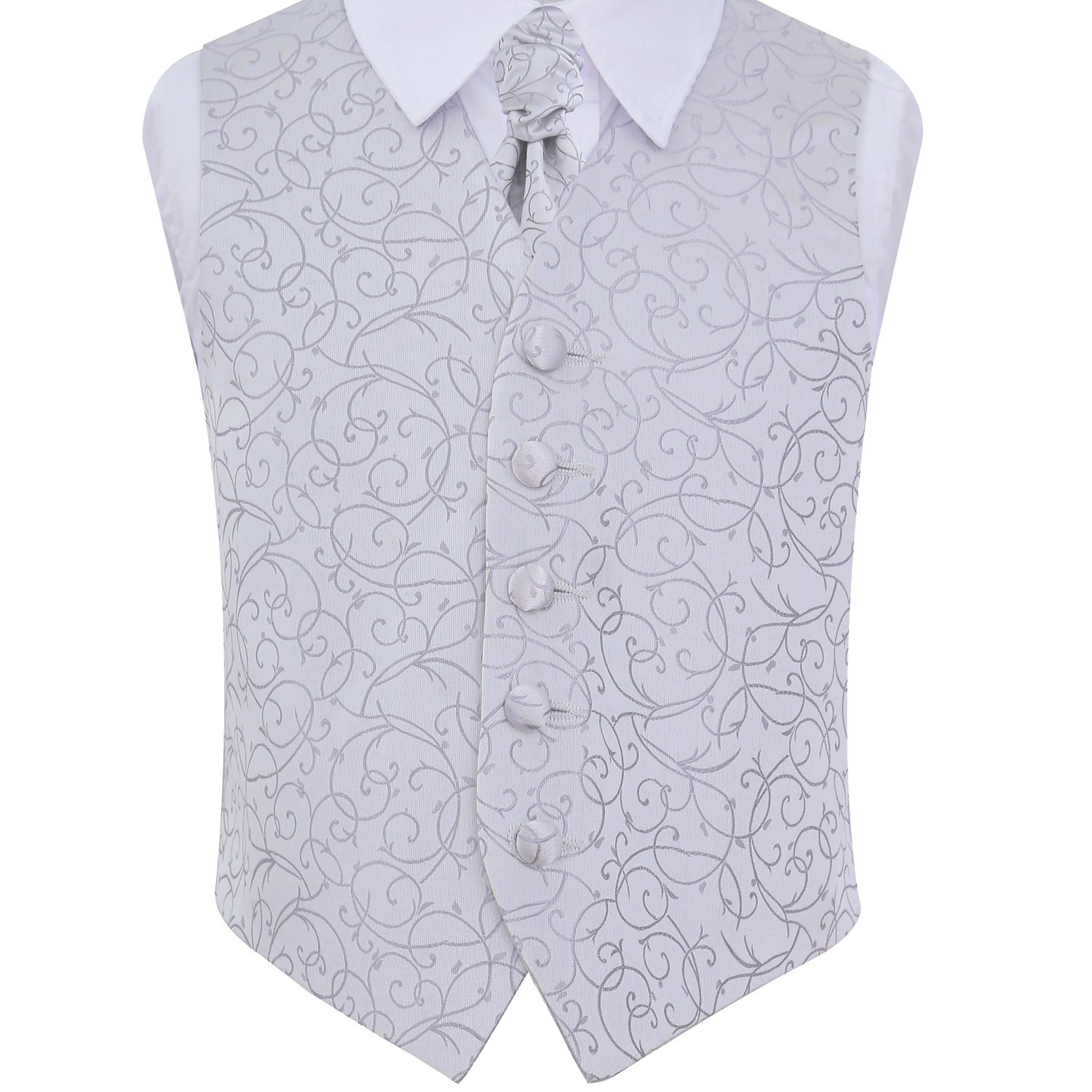 Dqt Boys Silver ’ Swirl Floral Jacquard Wedding Waistcoat & Cravat Set For Page And Formal Suit - 7-8 Years 28"