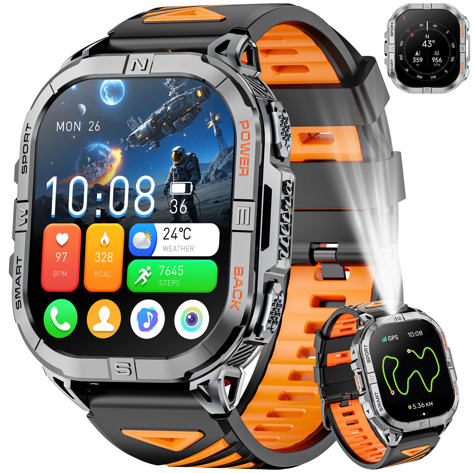 Joautrial GPS Smartwatch Uomo, 2,13" AMOLED Militare Orologio con LED Torcia, Bussola,100+ Modalità Sportive, Monitoraggio della Salute, Chiamate Bluetooth per Android iOS (Nero)