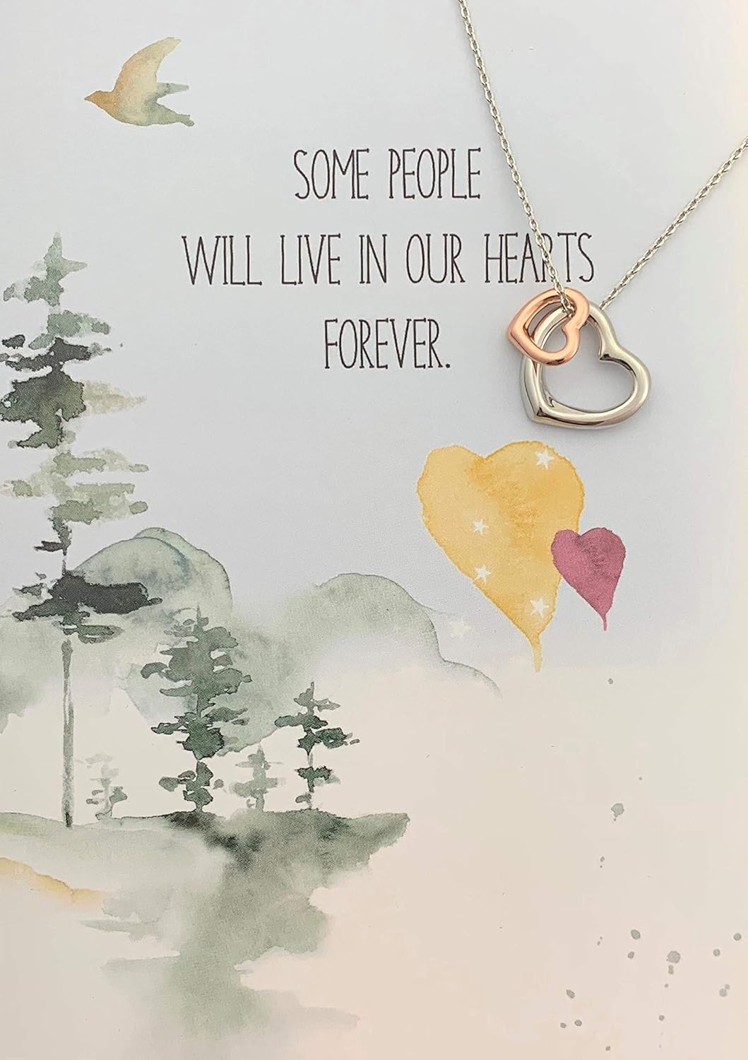 Smiling Wisdom - Some People Will Live in Our Hearts Forever Because They Feel Like Home Watercolor Greeting Card and Heart Necklace - Women - 2 Tone Silver Gold