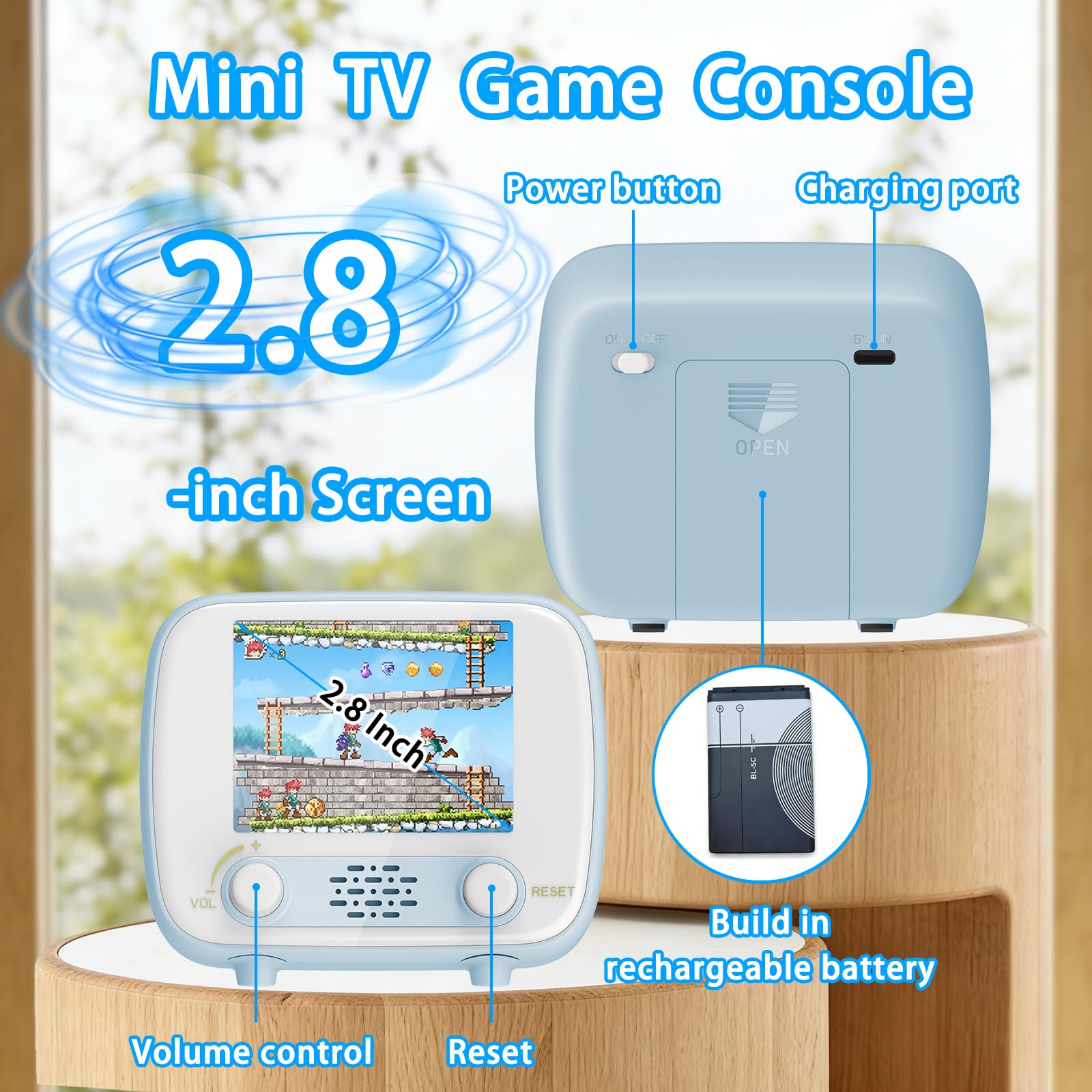 Handheld Game Console, Retro Mini Game Console avec écran 2,8 Pouces, 220 Classic Games intégrés, Jouet de Jeu Portable Rechargeable, sans Wi-FI nécessaire, Cadeau pour garçons et Filles, Bleu