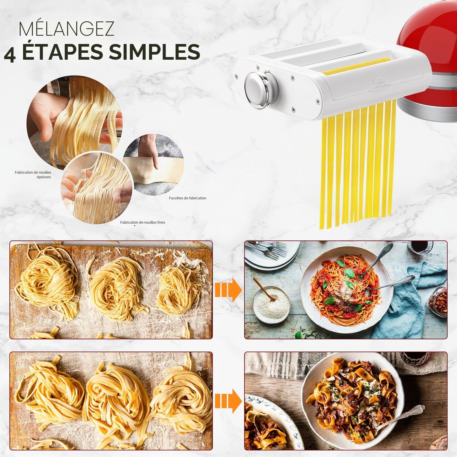 Set de fixation 3 en 1 pour rouleau et découpeuses KitchenAid - Pour mixeurs - Comprend un rouleau de feuilles de pâtes, des spaghettis, des coupe-fettuccine, des accessoires