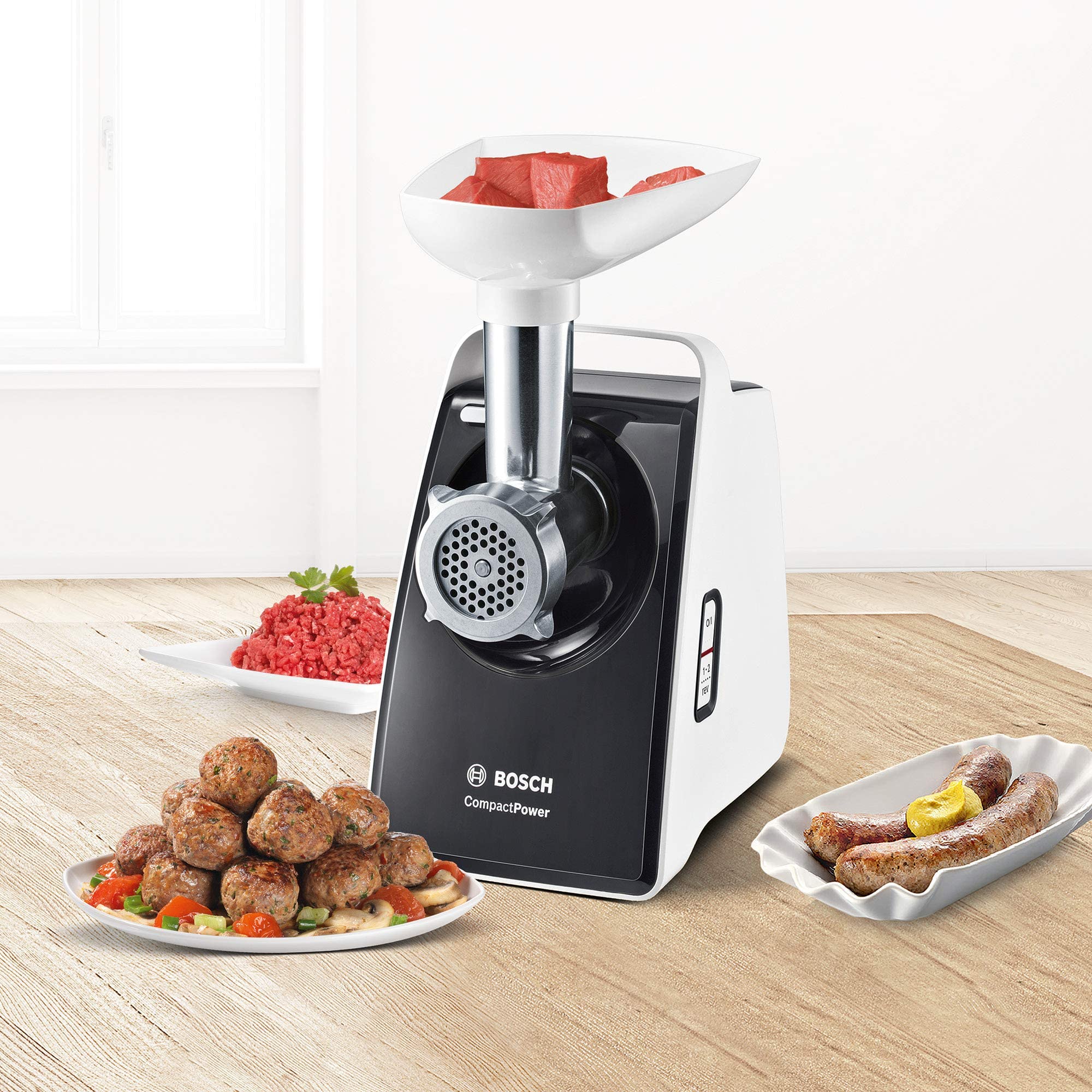 Image secondaire de Bosch CompactPower MFW3612A Hachoir à viande électrique, hachoir à saucisse, disques perforés en acier inoxydable 4 mm + 8 mm, l