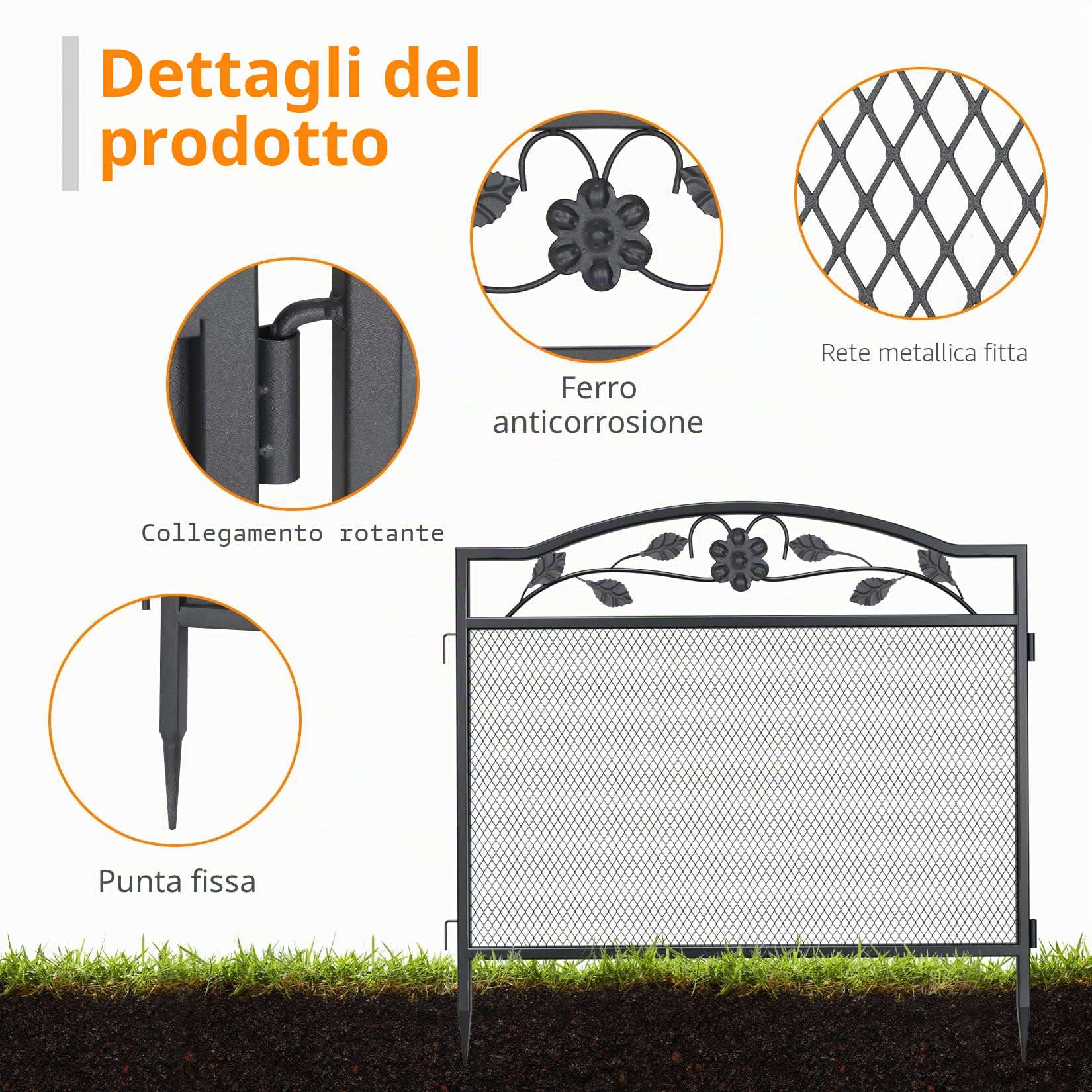UNHO XXL Recinzione Giardino esterno Metallo: Recinzione per Aiuole orto Alto 80 cm Recinzione Decorative in Ferro Recinzione modulare bordura Set 5 Pannelli Nero Fitta Rete