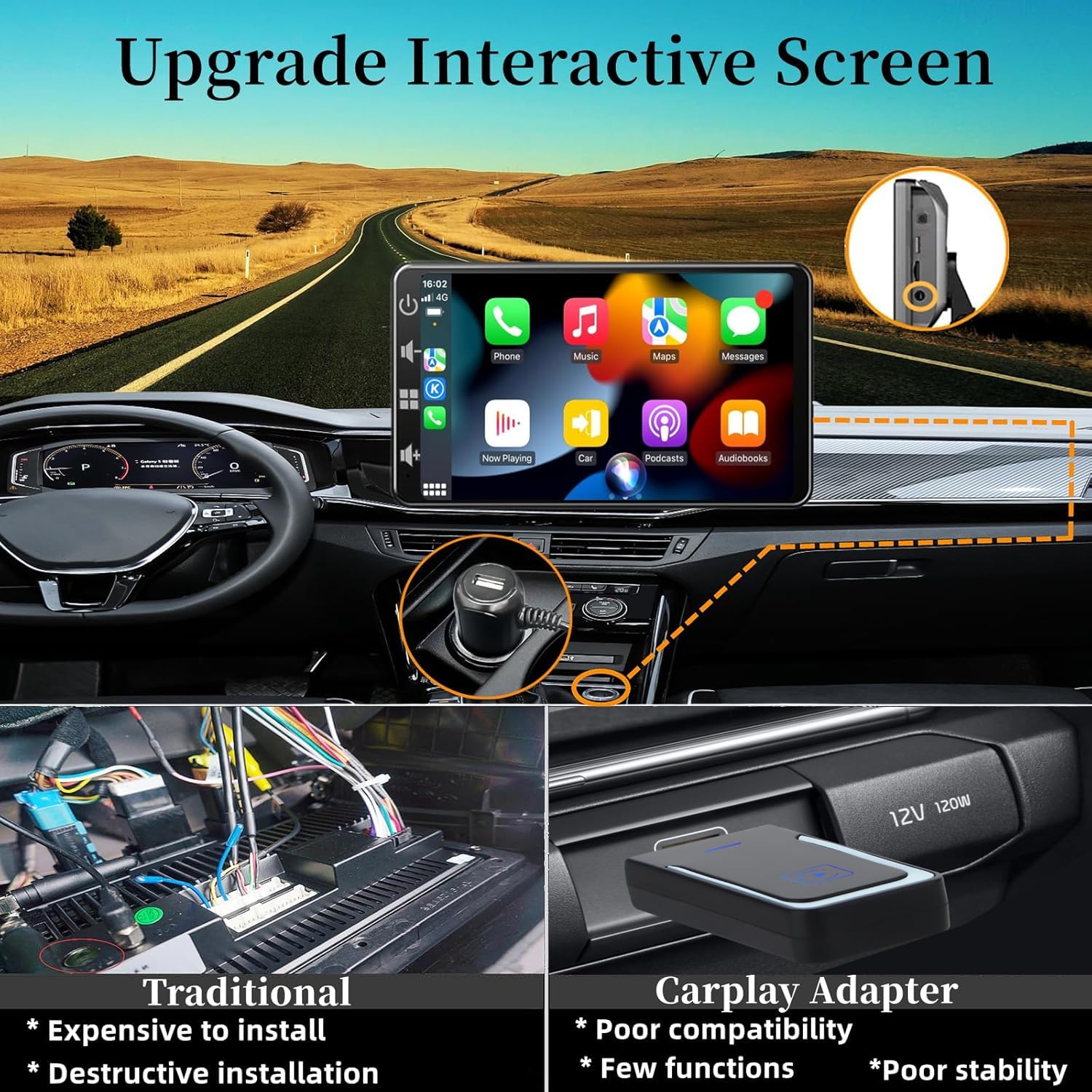 Schermo per Auto con Wireless CarPlay - Display Android Auto 7 Pollici Touchscreen Monitor - Portatile Autoradio Carplay con Mirror Link, Retrocamera, Assistente Vocale, AUX/TF