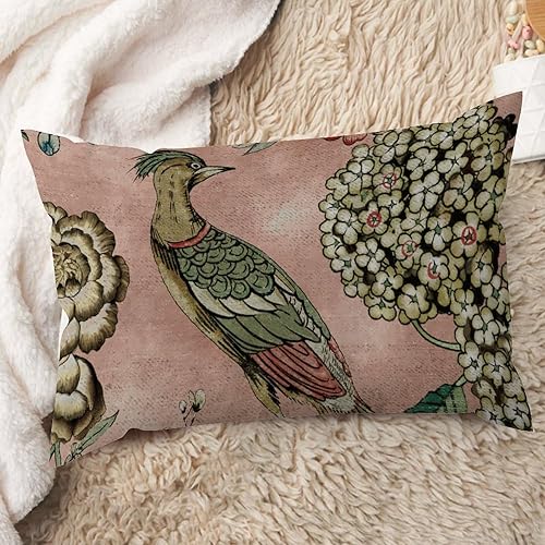 ArogGeld Funda de almohada lumbar de estilo asiático japonés, color rosa rubor chinoiserie, funda de almohada de pájaro chinoiserie, funda de