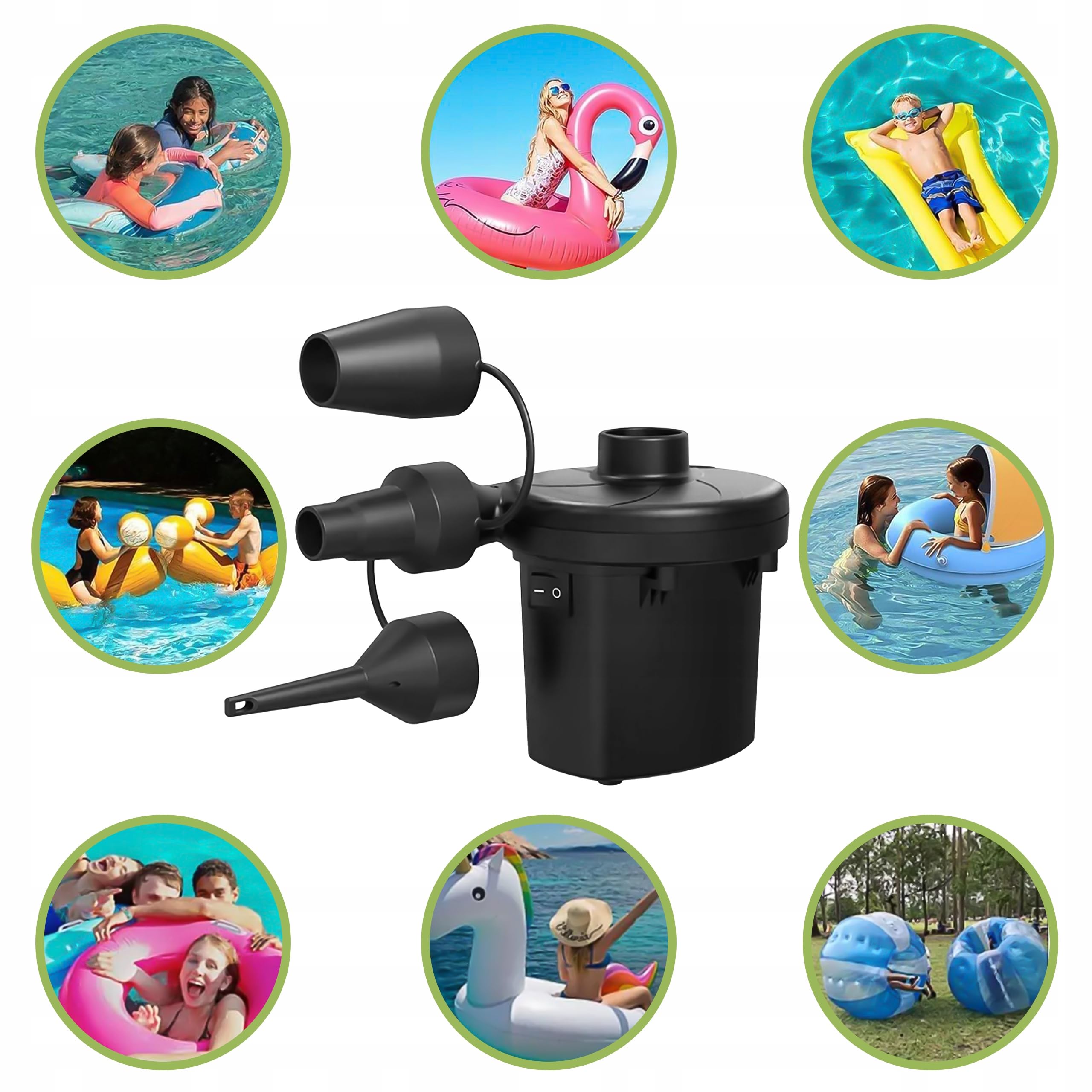 KRUMAD Pompa ad aria elettrica 12 V/230 V 50 W - Pompa a doppia funzione con funzione di gonfiaggio e spurgo - 3 teste per materasso ad aria, piscina, gommoni, letti ad aria e giocattoli
