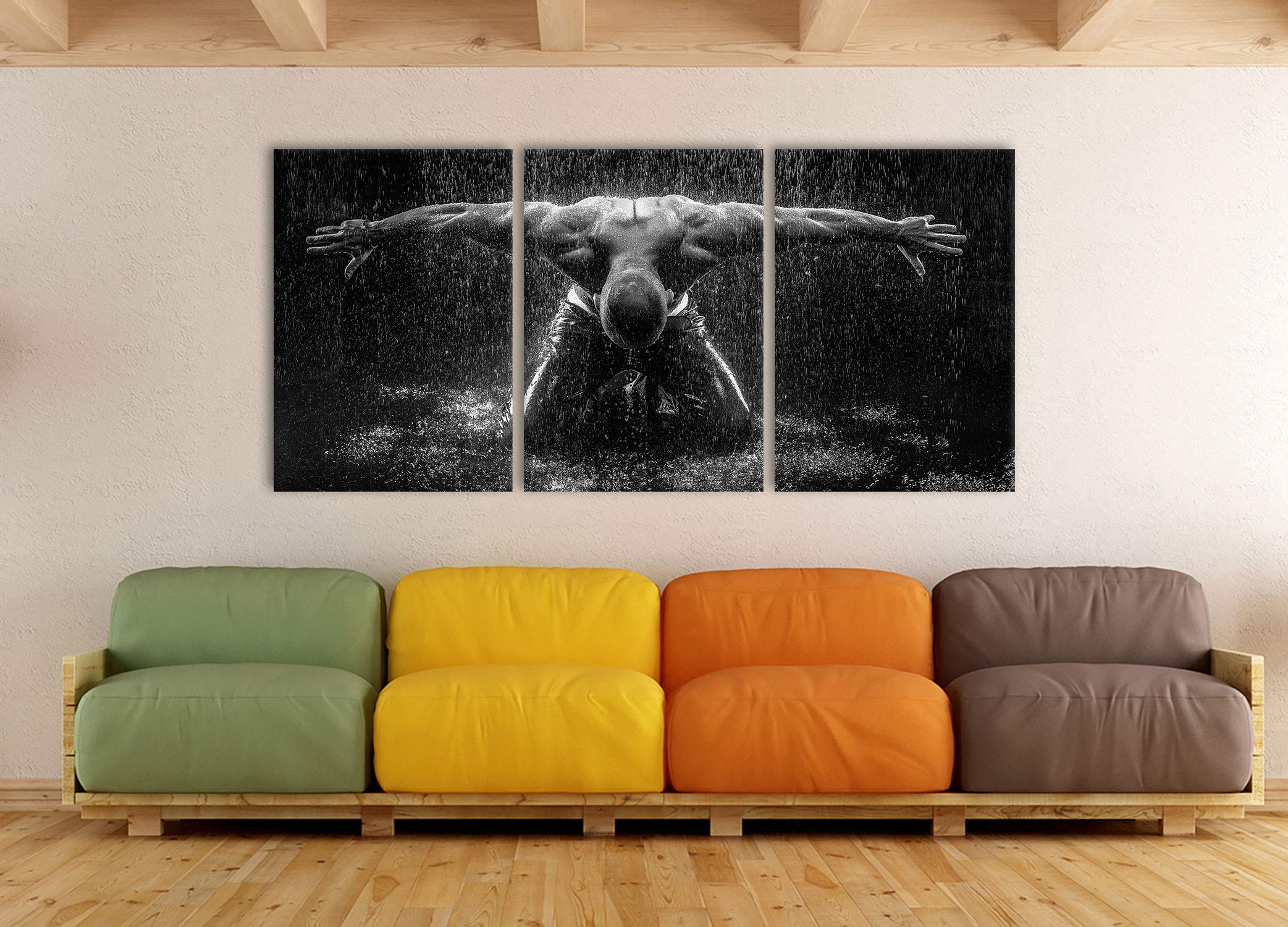 Pixxprint Bodybuilder im Regen als XXL Leinwandbild in Übergröße 210x100cm Gesamtmaß 3 teilig, Wandbild, Kunstdruck