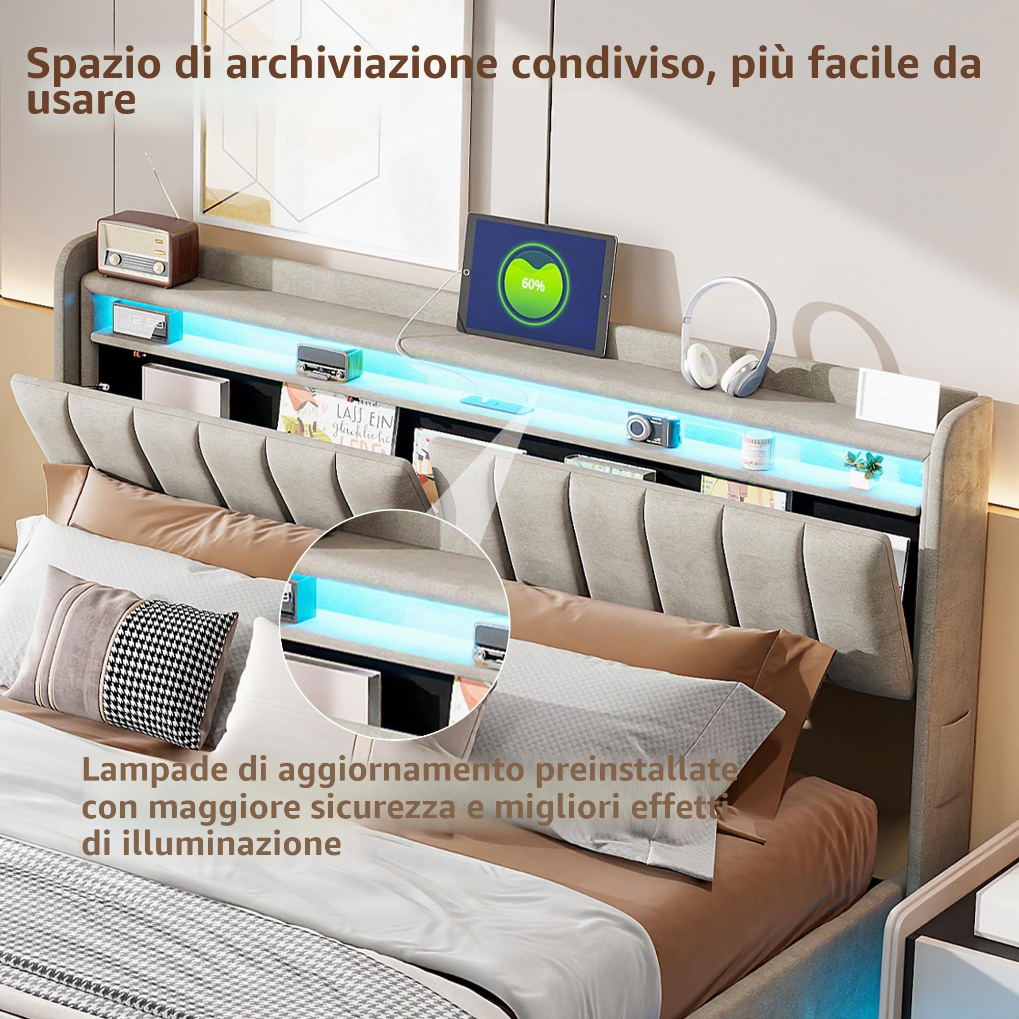 Letto Matrimoniale con Contenitore 160x200 cm,Letto Imbottito con LED e USB,Testiera con Funzione di Stoccaggio,Letto Baule 160 x 200 con Idraulico e Rete a Doghe,Velluto,Grigio