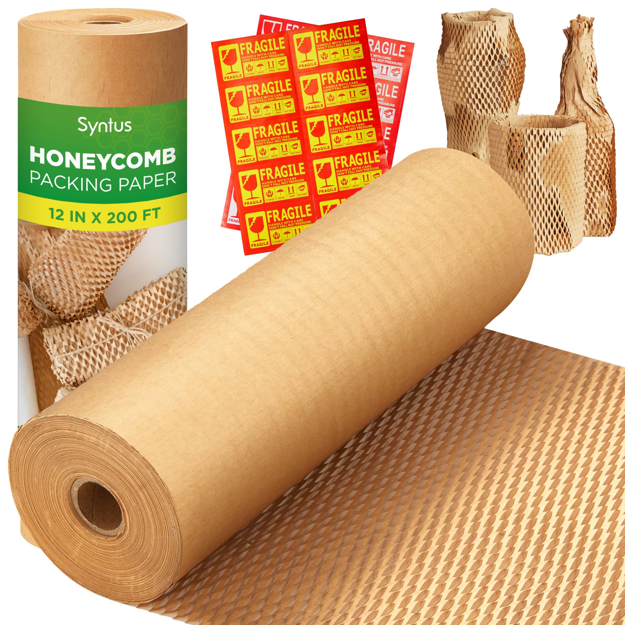 Syntus Honeycomb Packing Paper, 12" x 200' Cushion Bubble Packing Paper for Moving Shipping Packaging, Recyclable Moving Supplies Wrap Paper Roll with 20 Fragile Sticker Labels