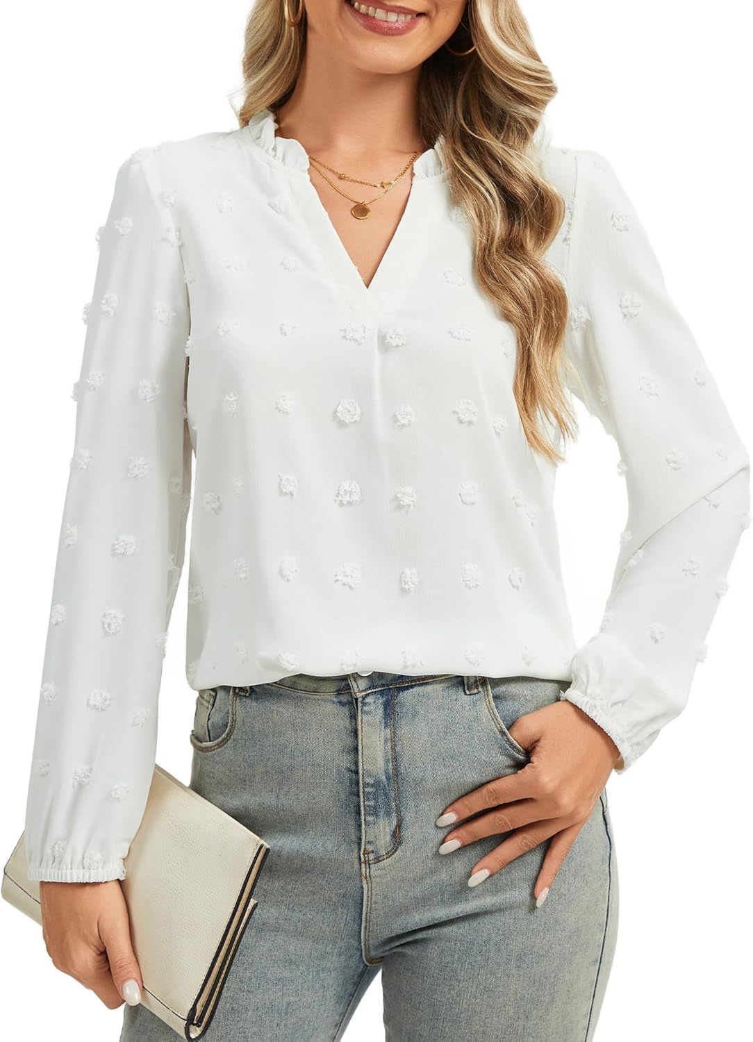 Womens Blouses Dressy Casual Long Sleeve Shirts V Neck Swiss Dot Business Work Tops 2026 Summer Tops S-XXL