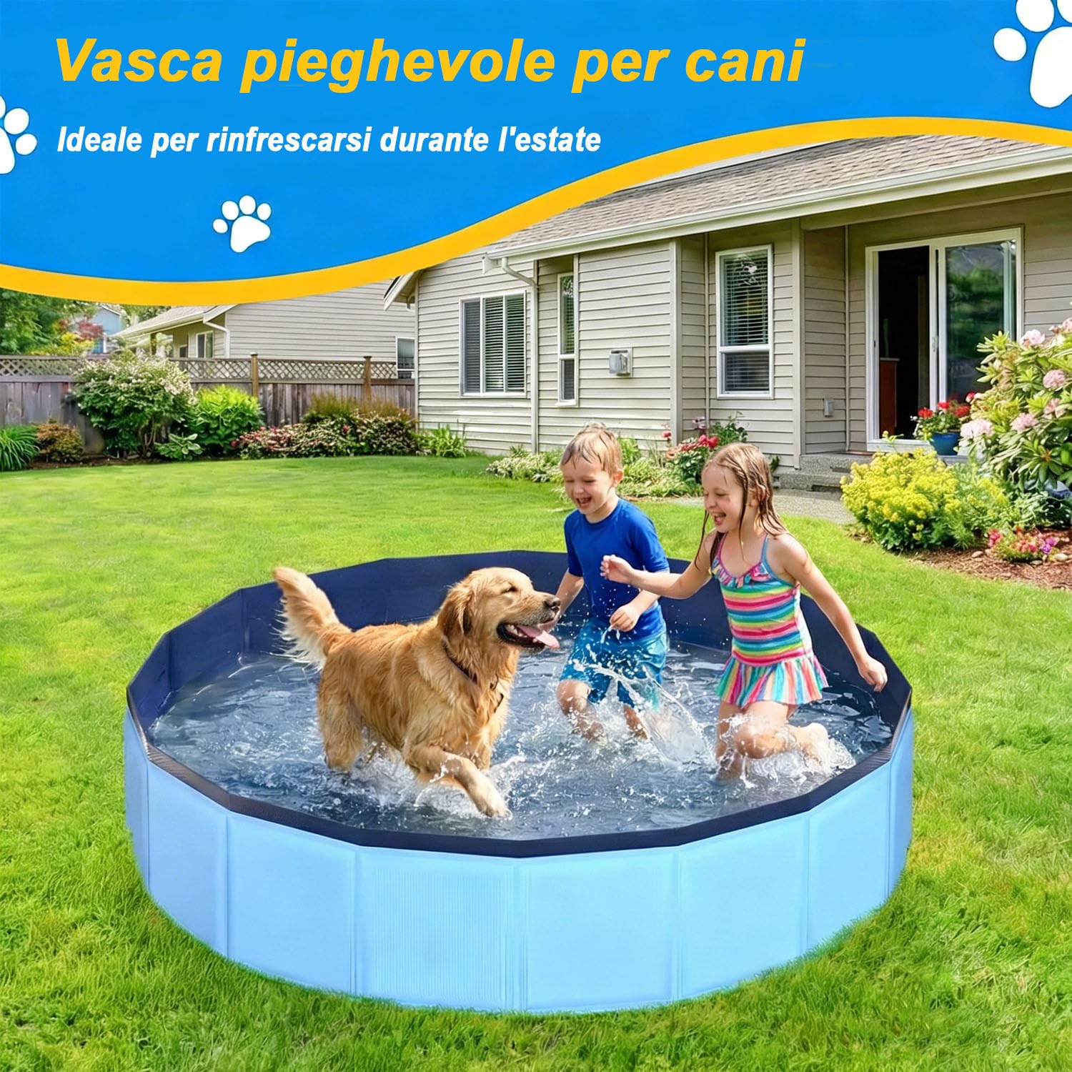 Vasca pieghevole per cani in PVC antigraffio, Ø 100 cm, Altezza 30 cm, rivestimento antiscivolo e tappo di scarico, svuotamento rapido senza pompa, vasca robusta