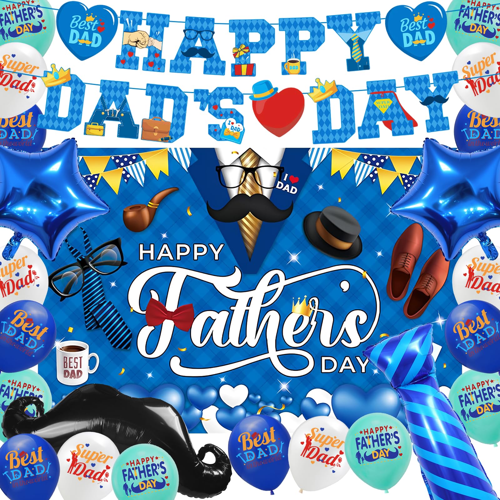 24Pcs Fathers Day Decorations Set, Dad’s Day Party Supplies Kit with Banner Foil Balloons Backdrop for Daddy Birthday Theme Party Home Outdoor Decor