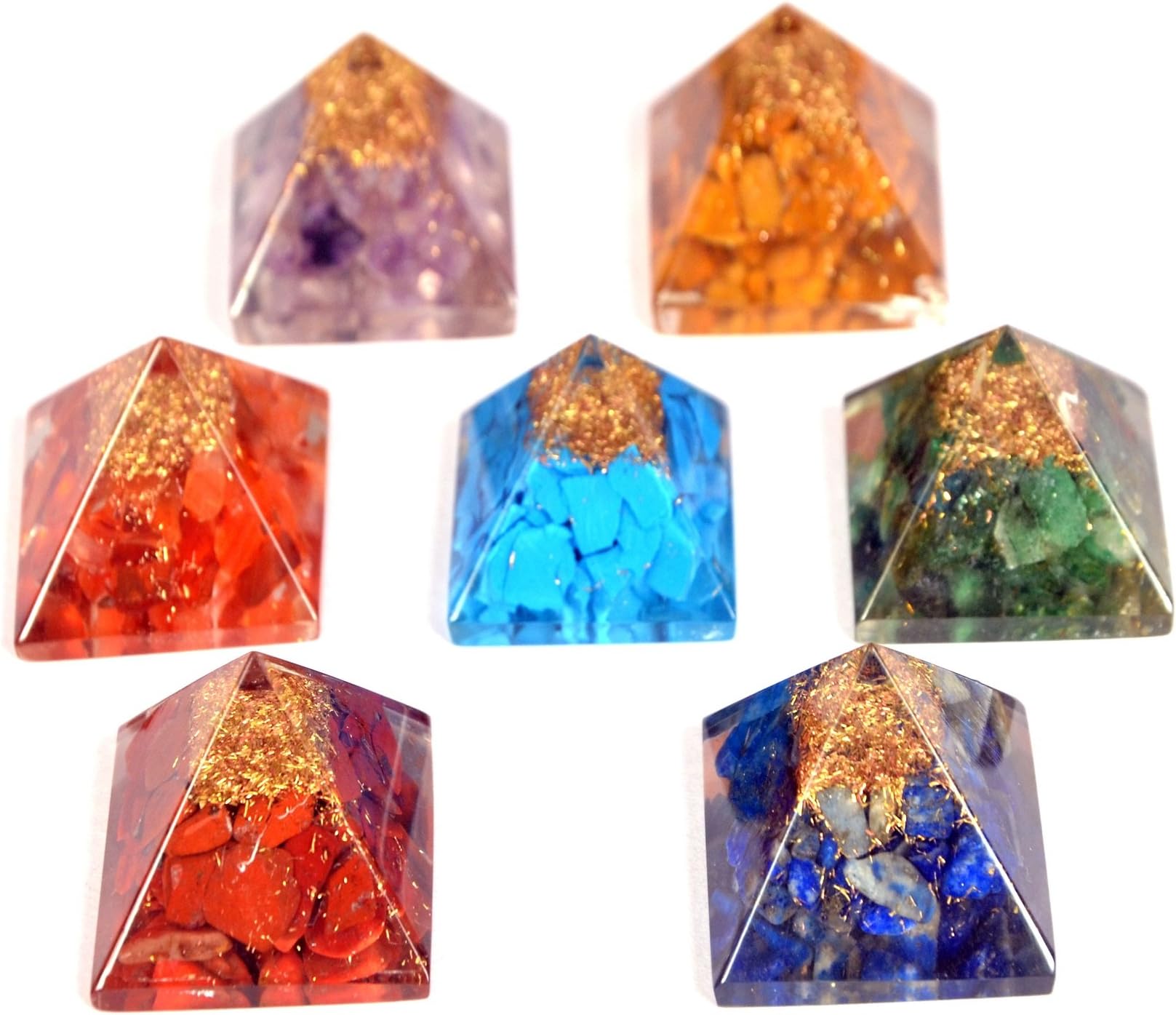 WholesaleGemShop GEMSCITE Set of 7 Chakra Orgone Pyramid Set - 7 (Seven) Chakra Orgone Stone Pyarmid - Metaphysical - Reiki