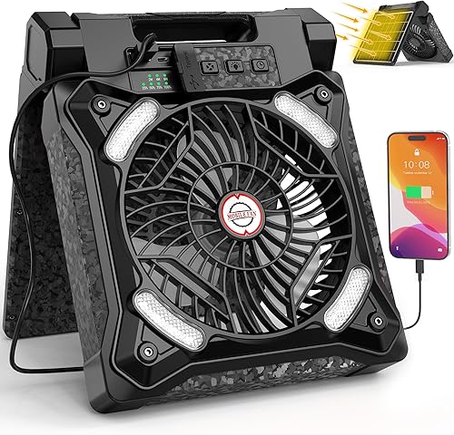 Miniatura 12 de KITWLEMEN Ventilador solar de campamento con linterna, ventilador de batería recargable, tiempo de funcionamiento máximo de 18 horas, 4 velocidades,