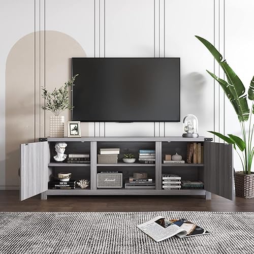 Miniatura 3 de YESHOMY - Mueble moderno de madera para TV con dos puertas estilo granero y gabinetes de almacenamiento para televisores de hasta 65+ pulgadas, Gris