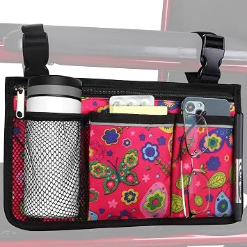 Wheelchair Side Bag, Upgrade Flower Color Wheelchair Armrest Storage Pouch with Cup Holder and Reflective Strip Made with Waterproof Fabric, for Most Wheelchairs, Walkers and Rollators Red Butterfly