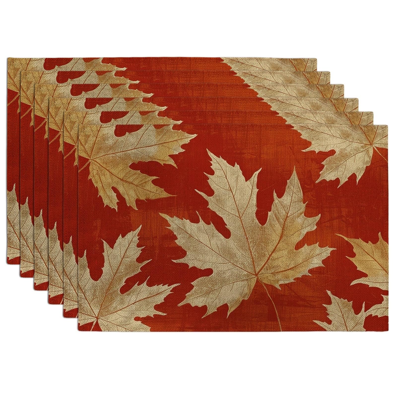 Autumn Maple Leaves Placemats, Orange Rustic Leaf Place mats for Dining Table, Non-Slip Washable Indoor Outdoor Gathering Decorative Placemat Set of 6