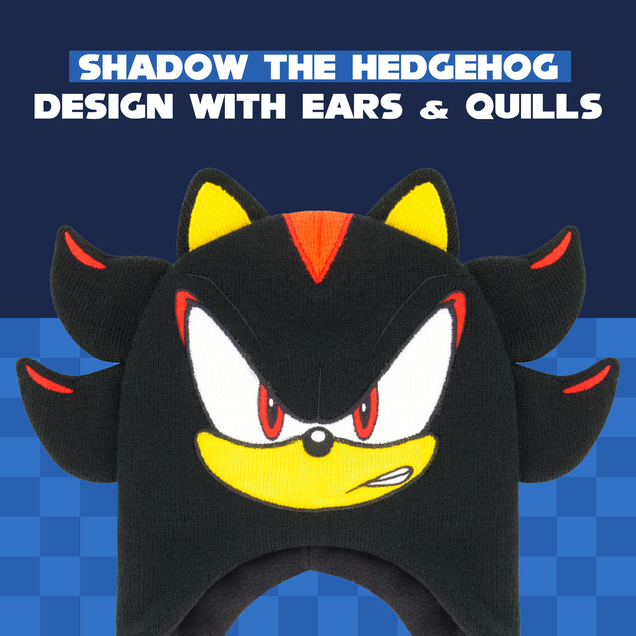 Shadow The Hedgehog czapka beanie, Sonic The Hedgehog Peruwiańska zimowa dzianinowa czapka z uszami 3D i frędzlami, czarna, jeden rozmiar, Czarny, rozmiar uniwersalny