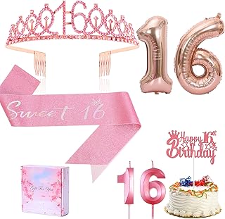 16th Birthday Candle Sash and Tiara,â€Sweet 16thâ€œ Birthday Sash Rhinestone Crown Happy Birthday Cake Topper 32inch Foil Balloon for Girls 16th Birthday Gift Party Decorations Supplies (Rose 16th)