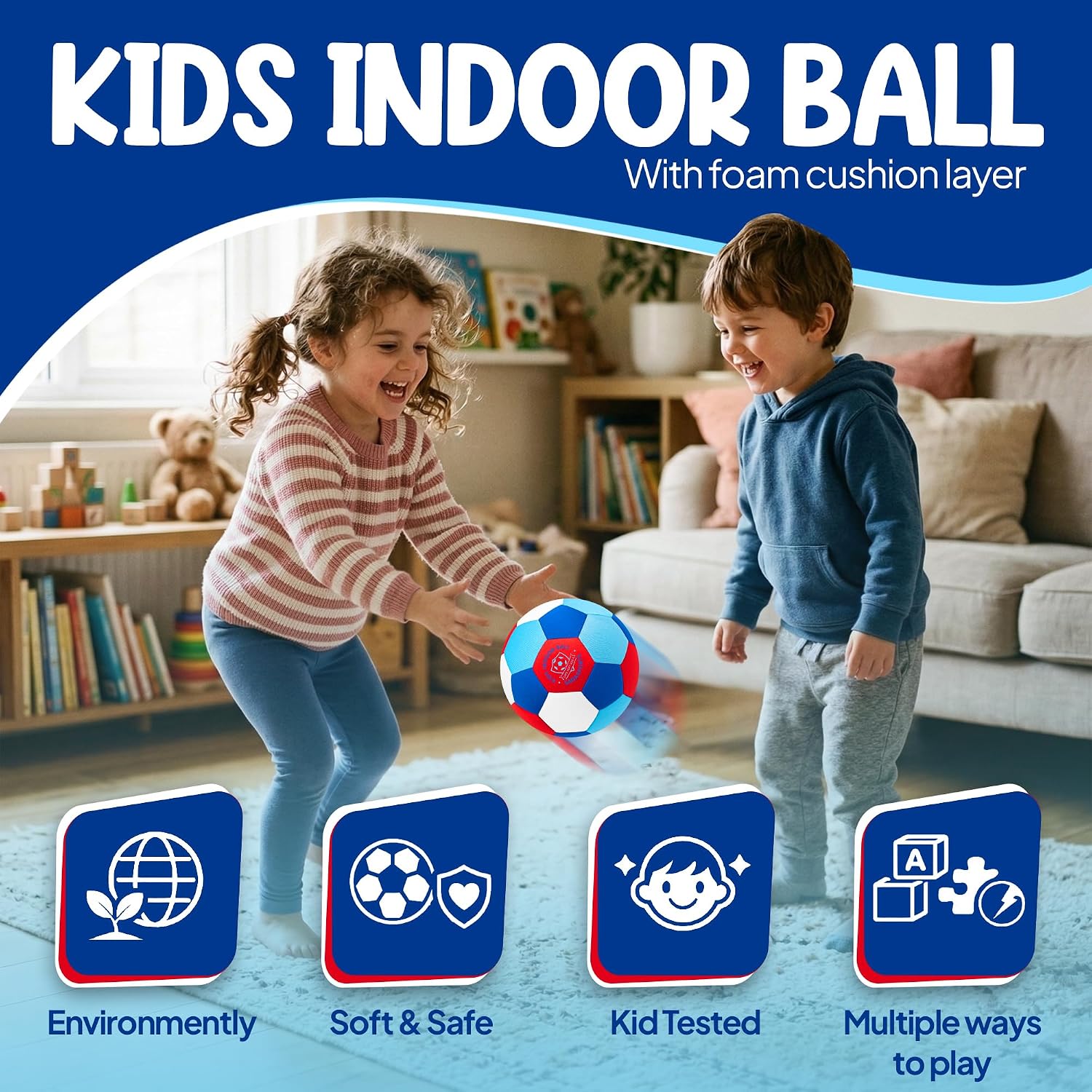 Softwhiz Indoor Soccer Ball Size 4 - Safe and Soft Foam Silent Ball - Indoor Ball Felt-Covered Quiet House Ball with Pump, Mesh Bag & Needle, Ideal for Dribbling Fun Gifts