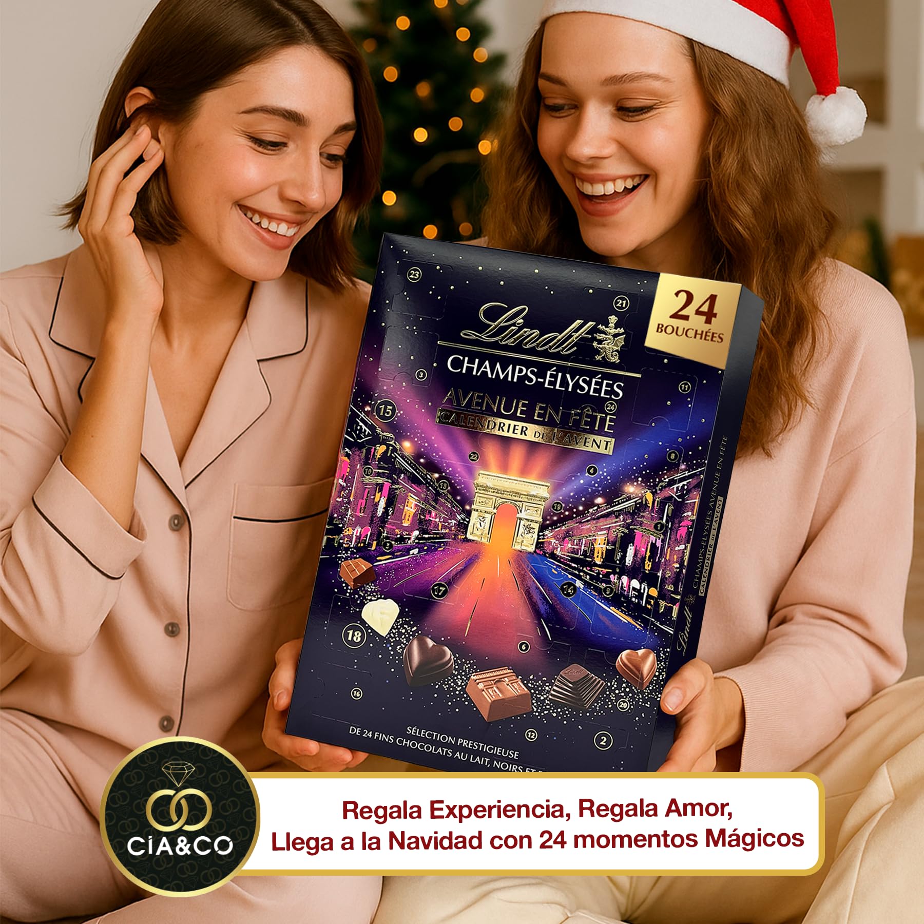 Calendario de Adviento Campos Elíseos + Tarjeta Personalizable Cia&Co con 24 Bombones Exclusivos de Chocolate Suizo · Con Leche, Negro y Blanco · Recetas Praliné, Caramelo y Fondant 250 g