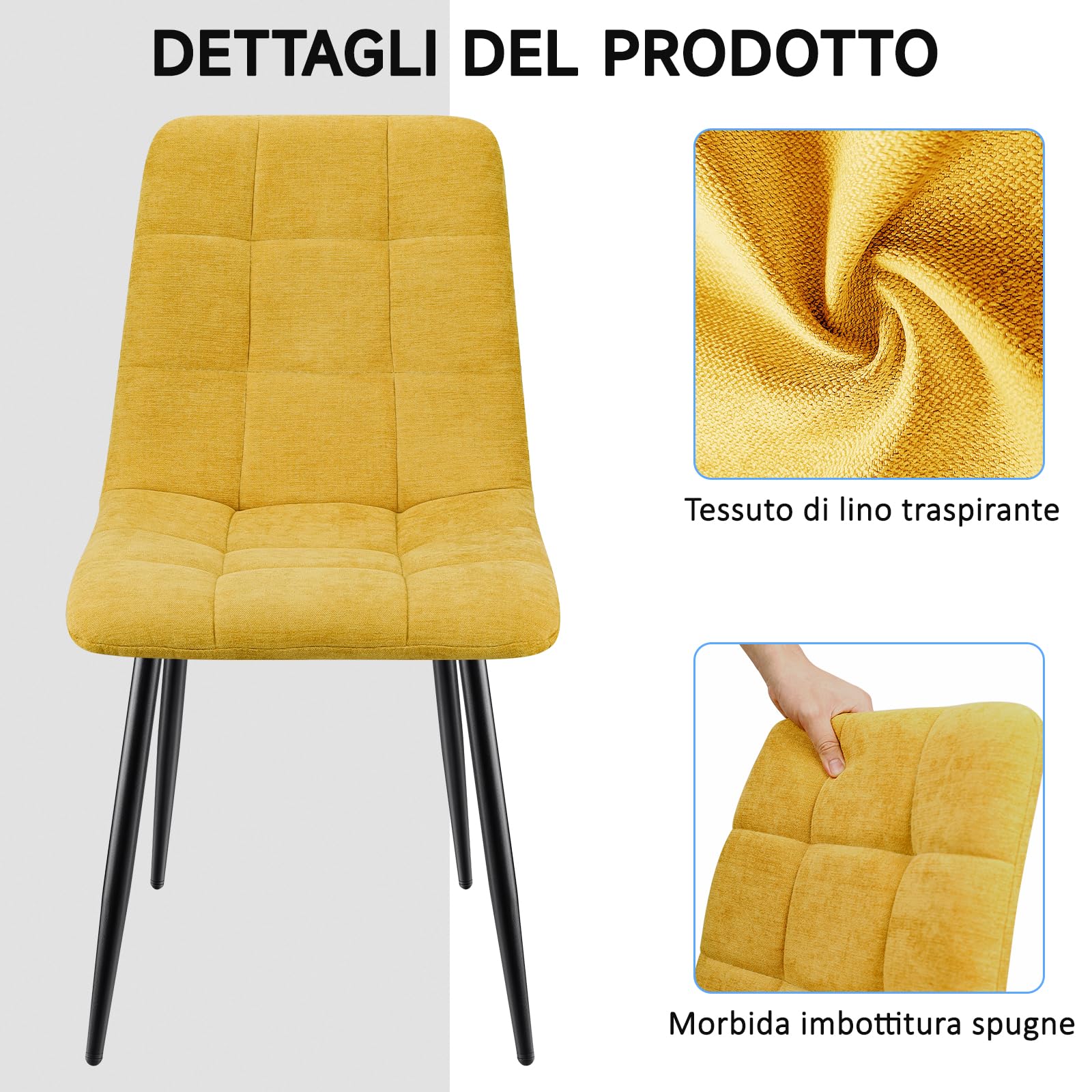 ANVOFONG Set Di 4 Sedie Da Pranzo,Sedia Da Cucina Con Piedi In Metallo Nero,Sedie Imbottite Con Tessuto Di Lino,Sedia Da Camera Da Letto Salotto Soggiorno,Giallo