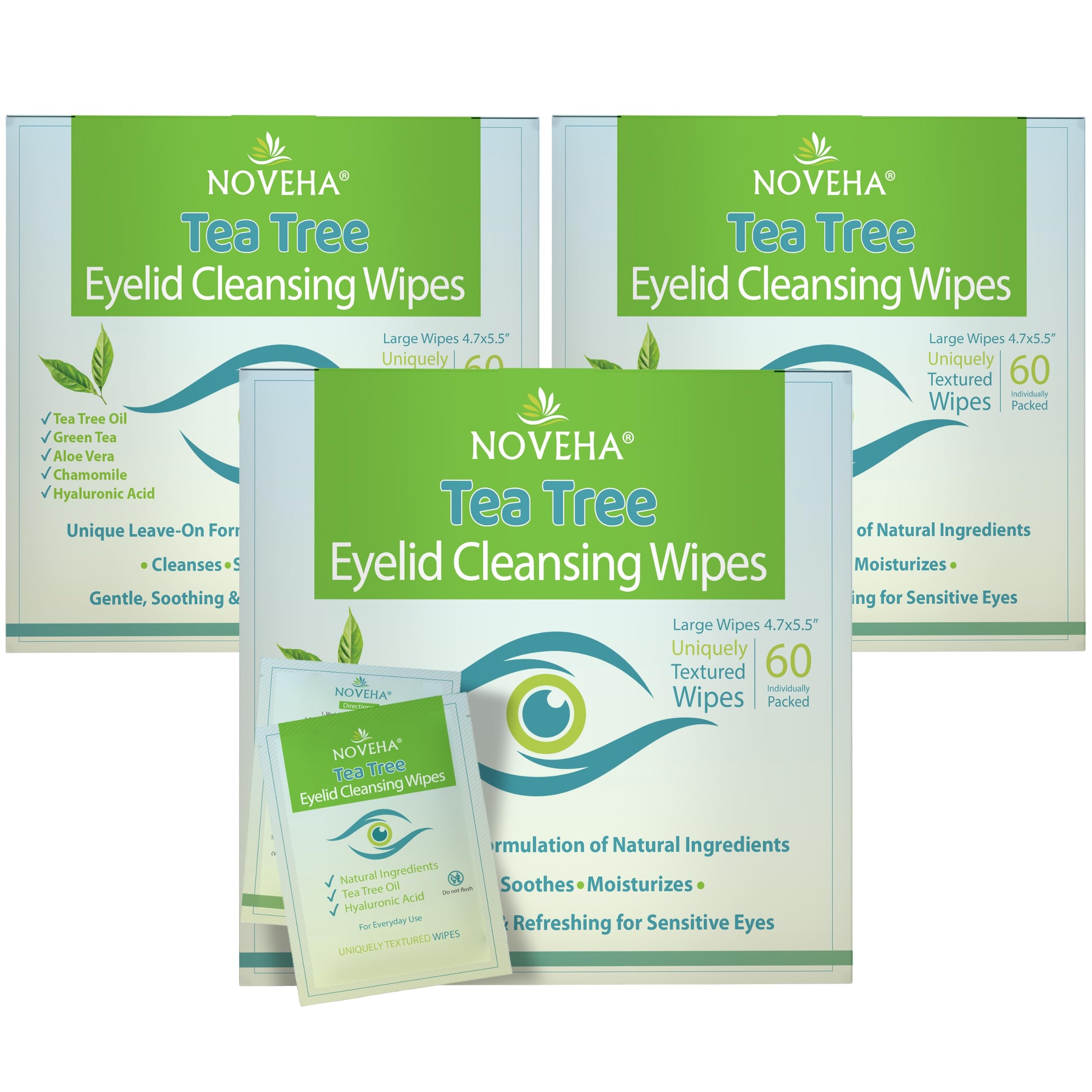 NOVEHA 3PK Tea Tree Oil Eyelid & Lash Wipes | With Hyaluronic Acid, Green Tea & Chamomile For Blepharitis & Itchy Eyes, Individually Wrapped Eyelash Wipes Natural Makeup Remover & Daily Cleanser