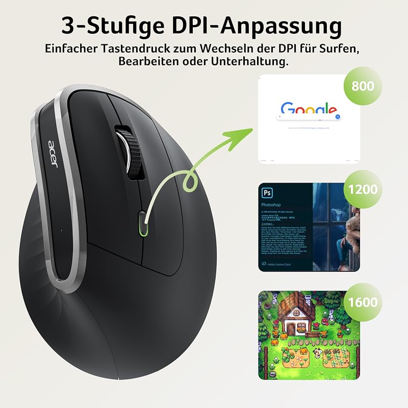 Acer 2.4G ergonomikus vezeték nélküli egér, 1600 DPI, vertikális optikai, USB-A vevővel, Windows/macOS/Linux kompatibilis