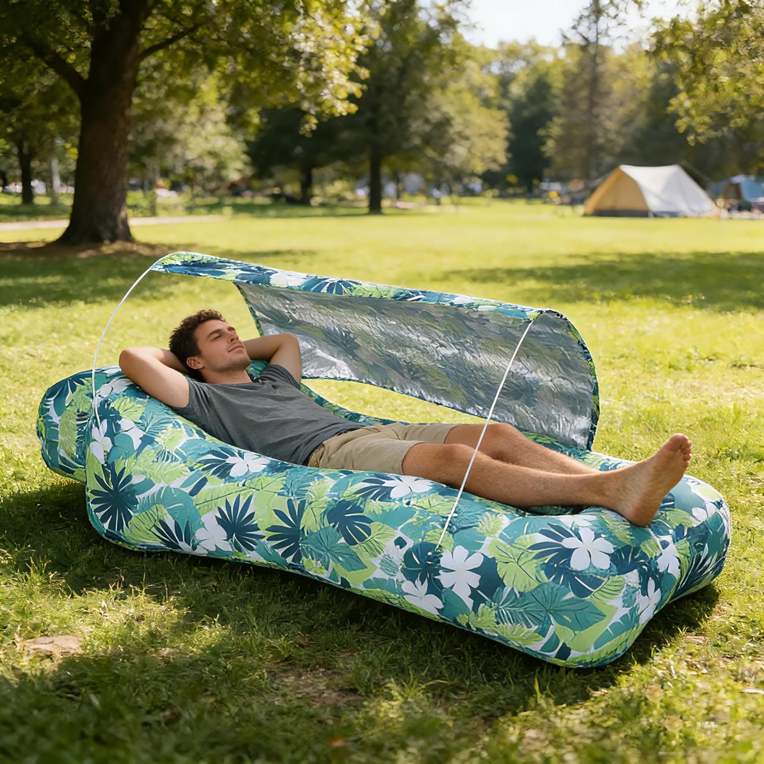 Inflatable Couch,Air Sofa with Sun-Shade Design,Built-in Storage,Ripstop Polyester&Stability Pegs,Portable Air Lounger for Beach,Camping,Easy to Carry,2Inflation Ways(Included Pump)Blue Feather
