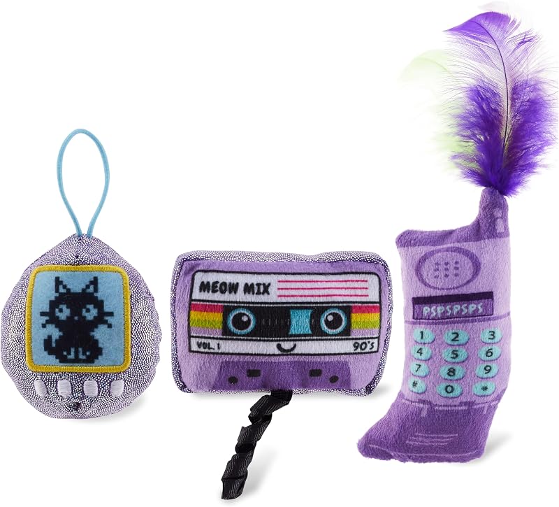 So Meowsome 90s Cat Toys, 3-Pack Catnip Plush Toys with Crinkle, Feathers & Dental Mesh, Multicolored