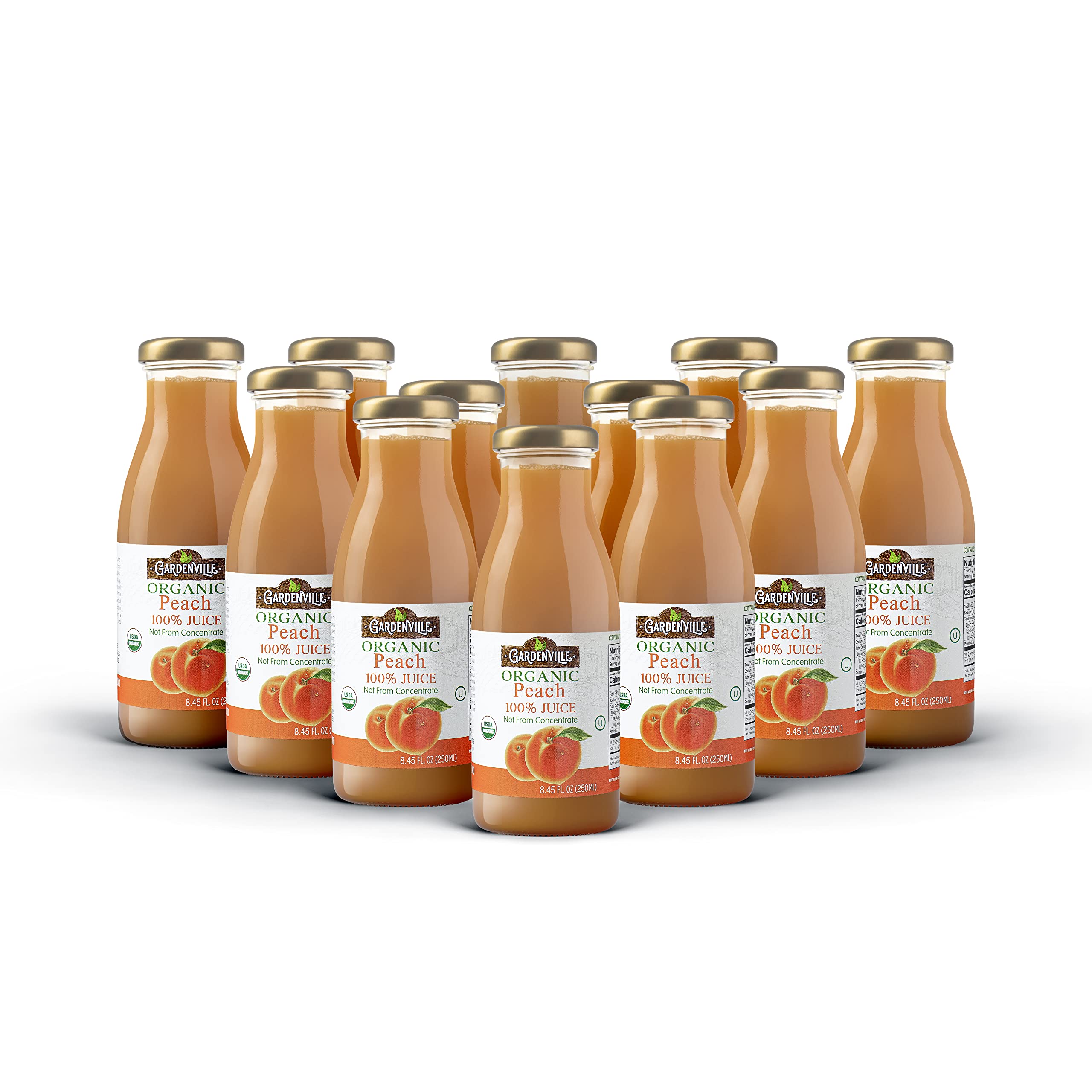 Gardenville Organic Peach Juice (Pack of 12), USDA Organic, No Added Sugar, U Kosher Certified, Pasteurized, 8.4 oz Glass Bottles (Peach)