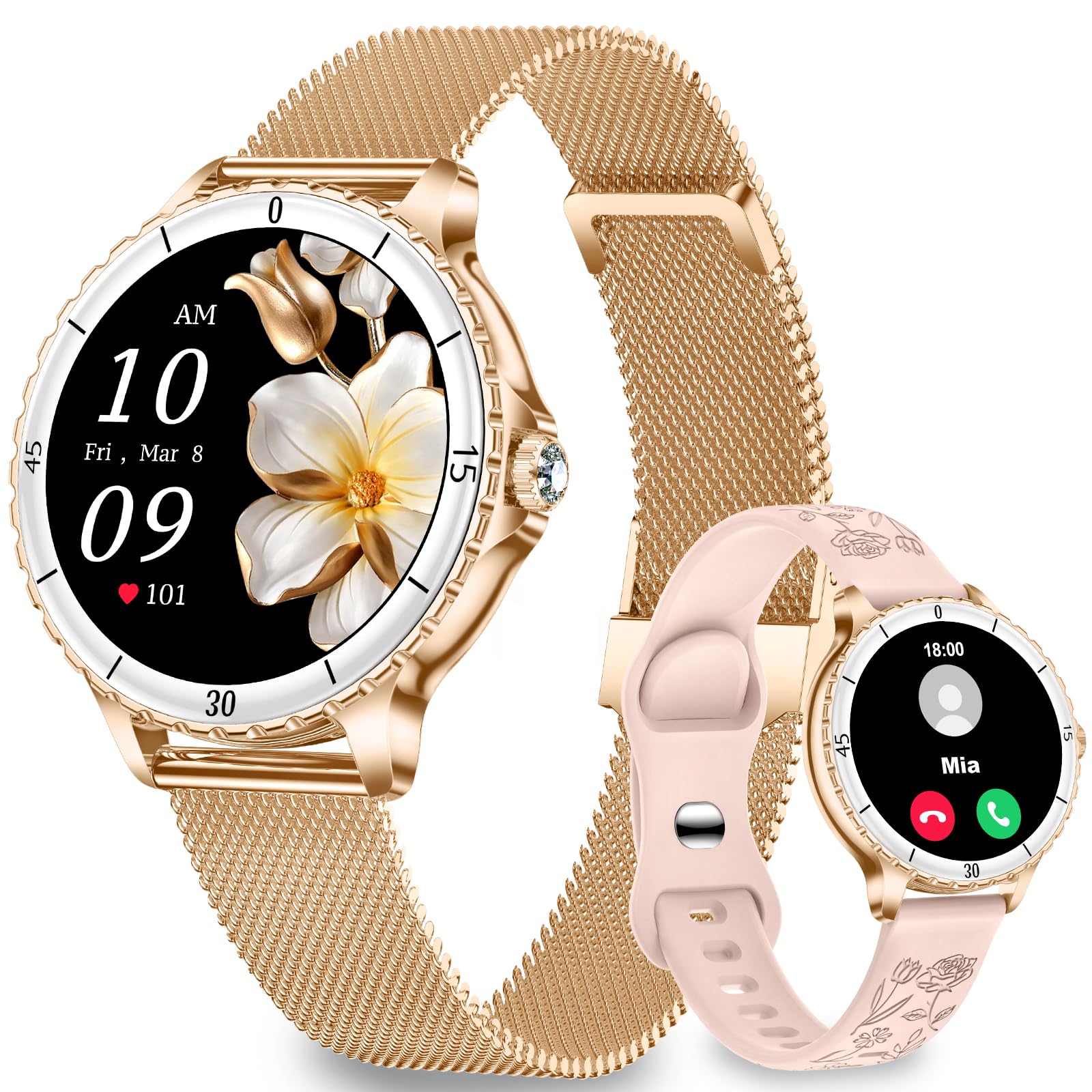 Smartwatch Damen mit Telefonfunktion, 1,27", 2 Armbänder, Rose Gold | 120+ Sportmodi Fitness Tracker, Herzfrequenz/SpO2/Schlaf Monitor Schrittzähler, IP68 Wasserdicht Sportuhr für iOS Android