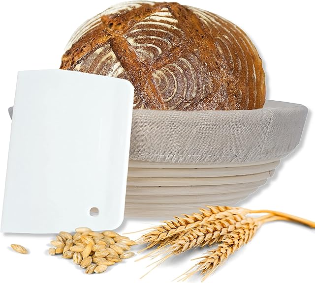 Gärkörbchen + Teigschaber - Der ideale Gärkorb aus natürlichem Peddigrohr (rund, 22 cm) - mit Leineneinsatz, rostfrei geklammert