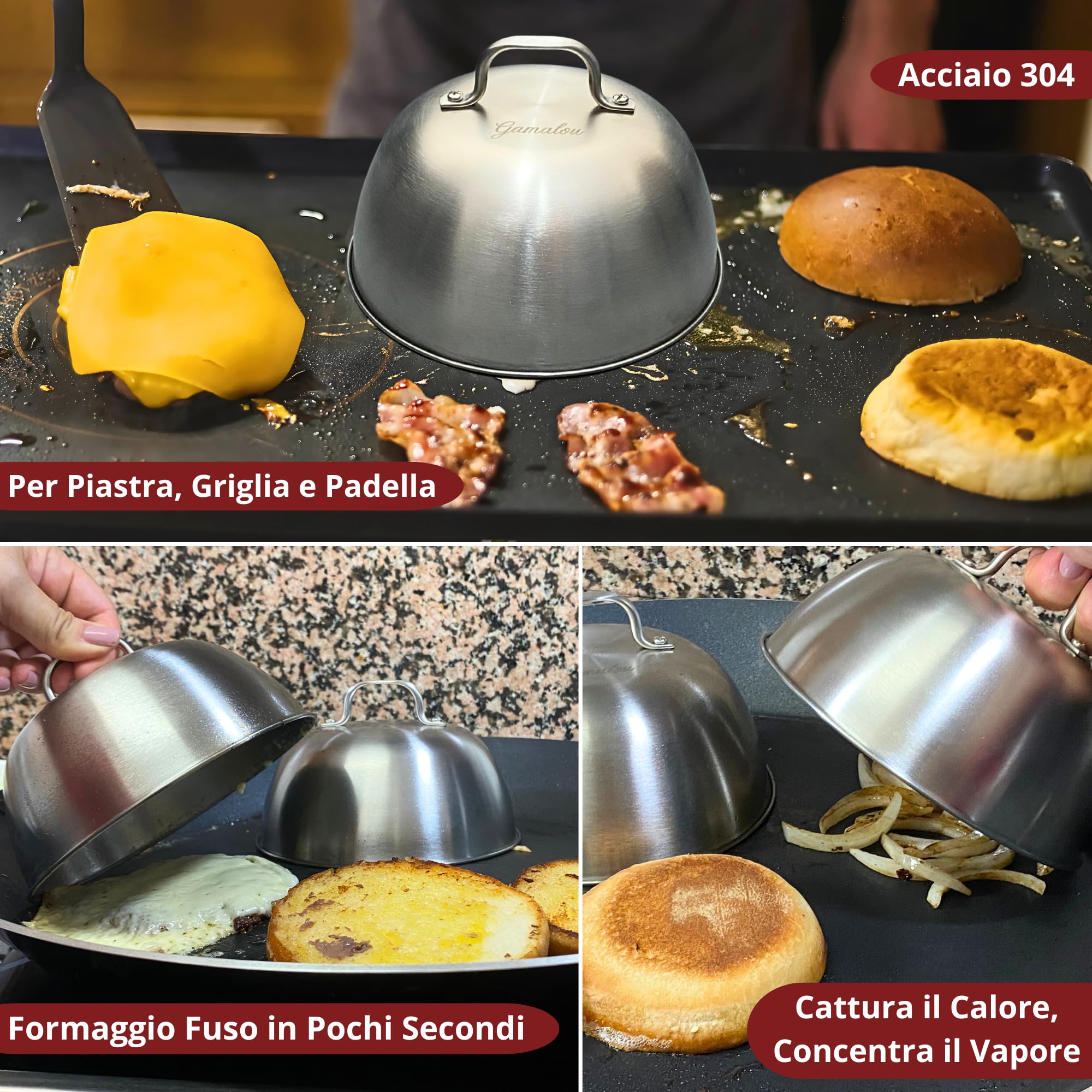 Smash Burger Kit Professionale in Acciaio Inox: Pressa Hamburger, Spatola 13 cm, Raschietto 10 cm, 2 Cloche, Anelli Uovo e Spargispezie per Griglia, Piastra, Padella – Certificato EU
