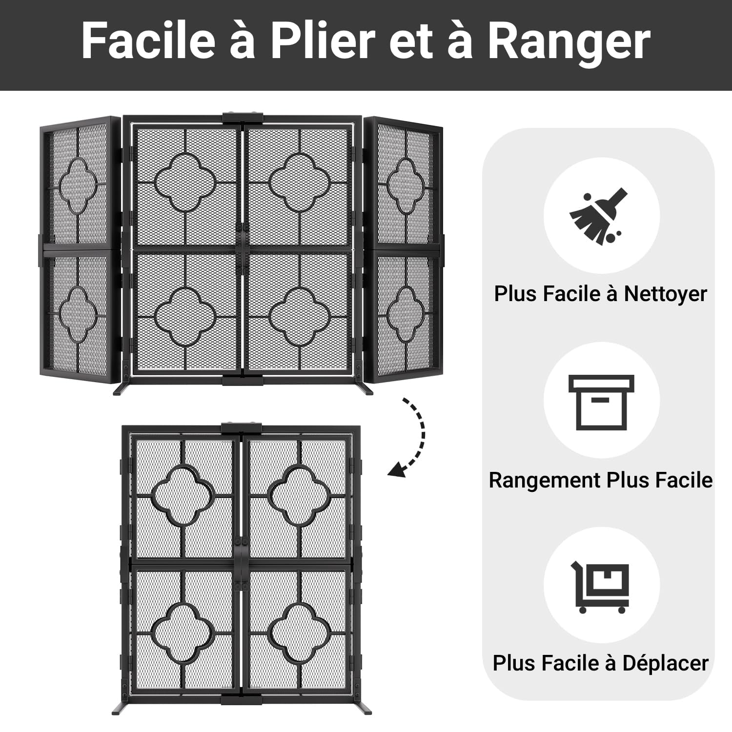 Amagabeli Écran De Cheminée 3 Panneaux en Fer Forgé Métal Décoratif Grille Clôture Solide Acier