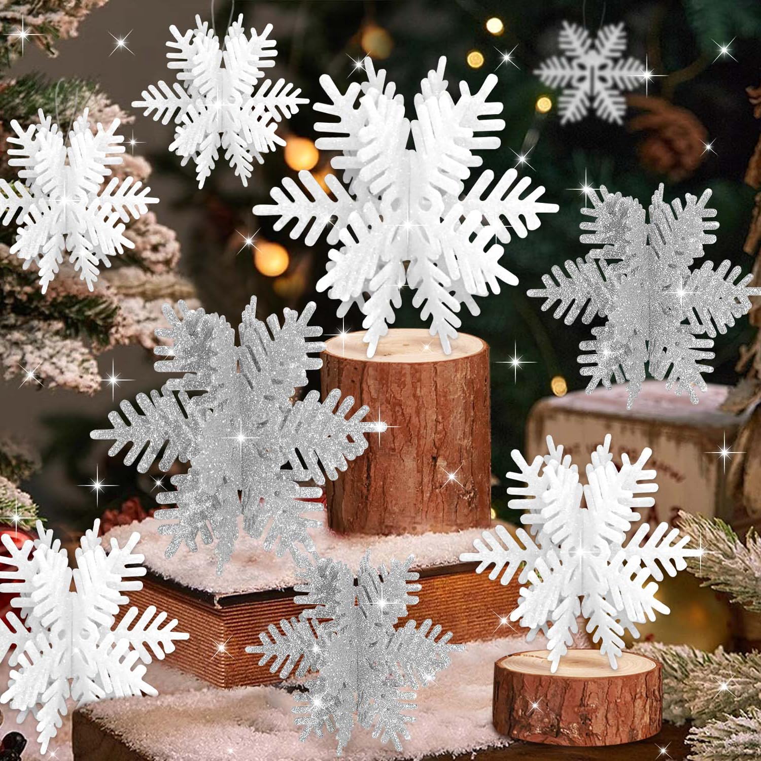 Ayieyill 8 Pcs Winter Snowflake Christmas Decoration, 3D Snowflake Christmas Tabletop Decor (White+Silver)