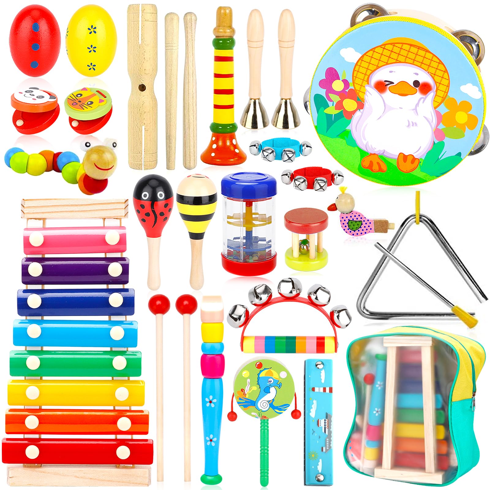 NCKIHRKK 30 PCS Juguetes Instrumentos Musicales,Instrumentos Musicales Infantiles,Percusion Musicales Madera Set para Infantil,con mochila,Desarrollo Educativo Juguetes Musicales para Bebé de 3~8 Años