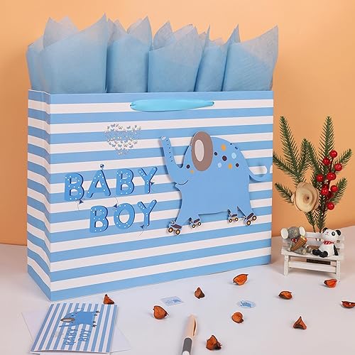 Miniatura 5 de Juego de bolsas de regalo extra grandes de 16.5 pulgadas con asas, tarjeta de felicitación, papel de seda azul y calcomanías para niños para baby