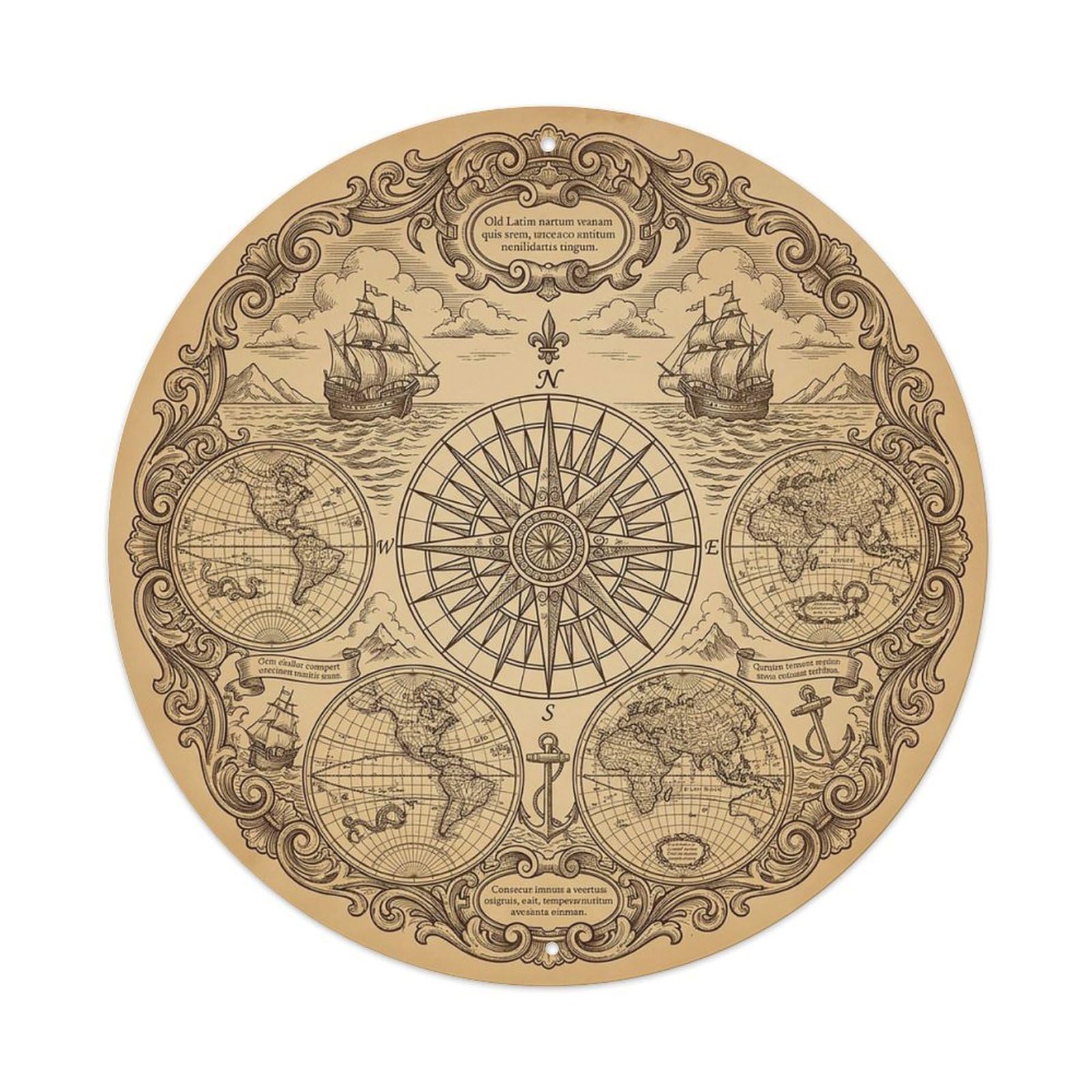 Vintage Nautical Compass World Map Quay Chronicle Metal Tin Sign