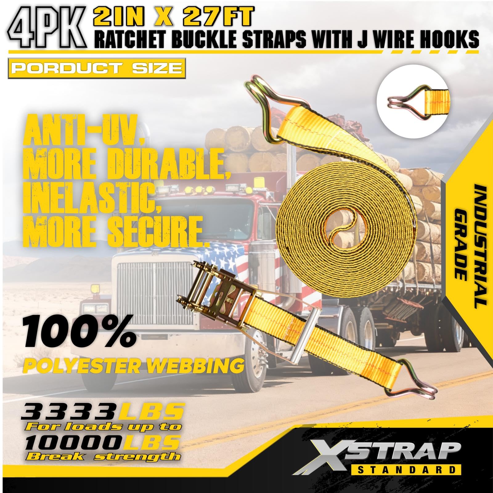 XSTRAP STANDARD Confezione da 4 cinghie industriali da 5,1 cm x 27 ', cinghie a cricchetto resistenti con doppi ganci a J, carico di lavoro 1511,8 kg, resistenza alla rottura 4.535,9 kg, cinghie da